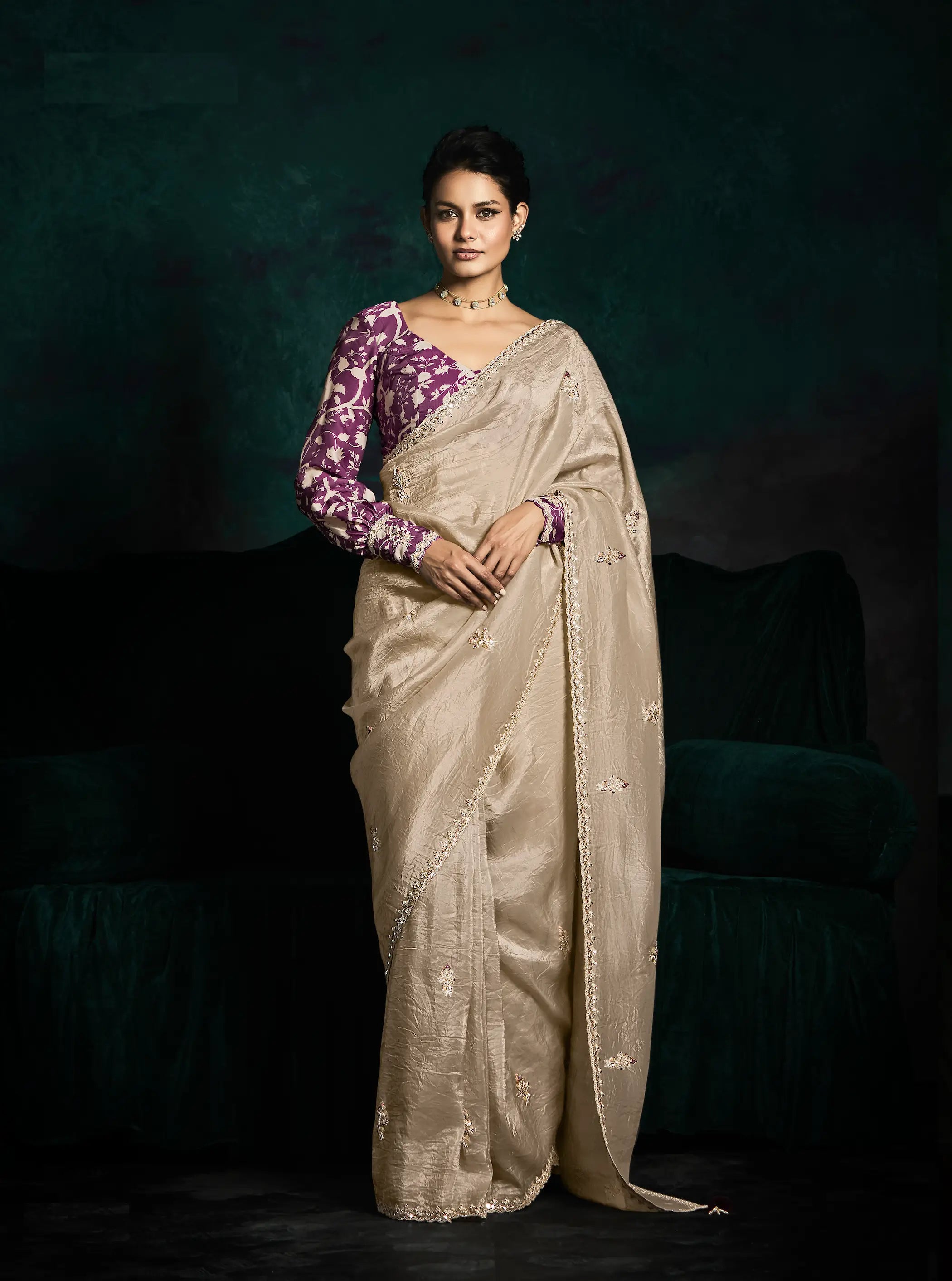 Beige Glass Organza Saree With Digital Print, Sequence & Thread Embroidery Work - qivii