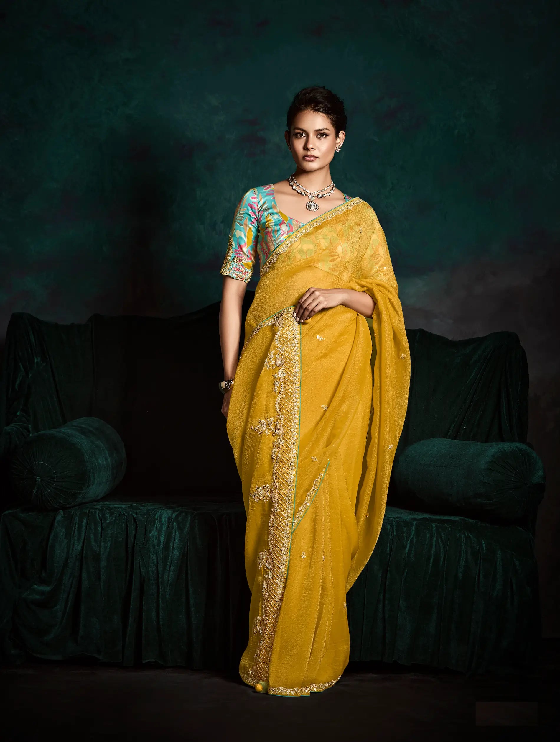 Yellow Glass Organza Saree With Digital Print, Sequence & Thread Embroidery Work - qivii