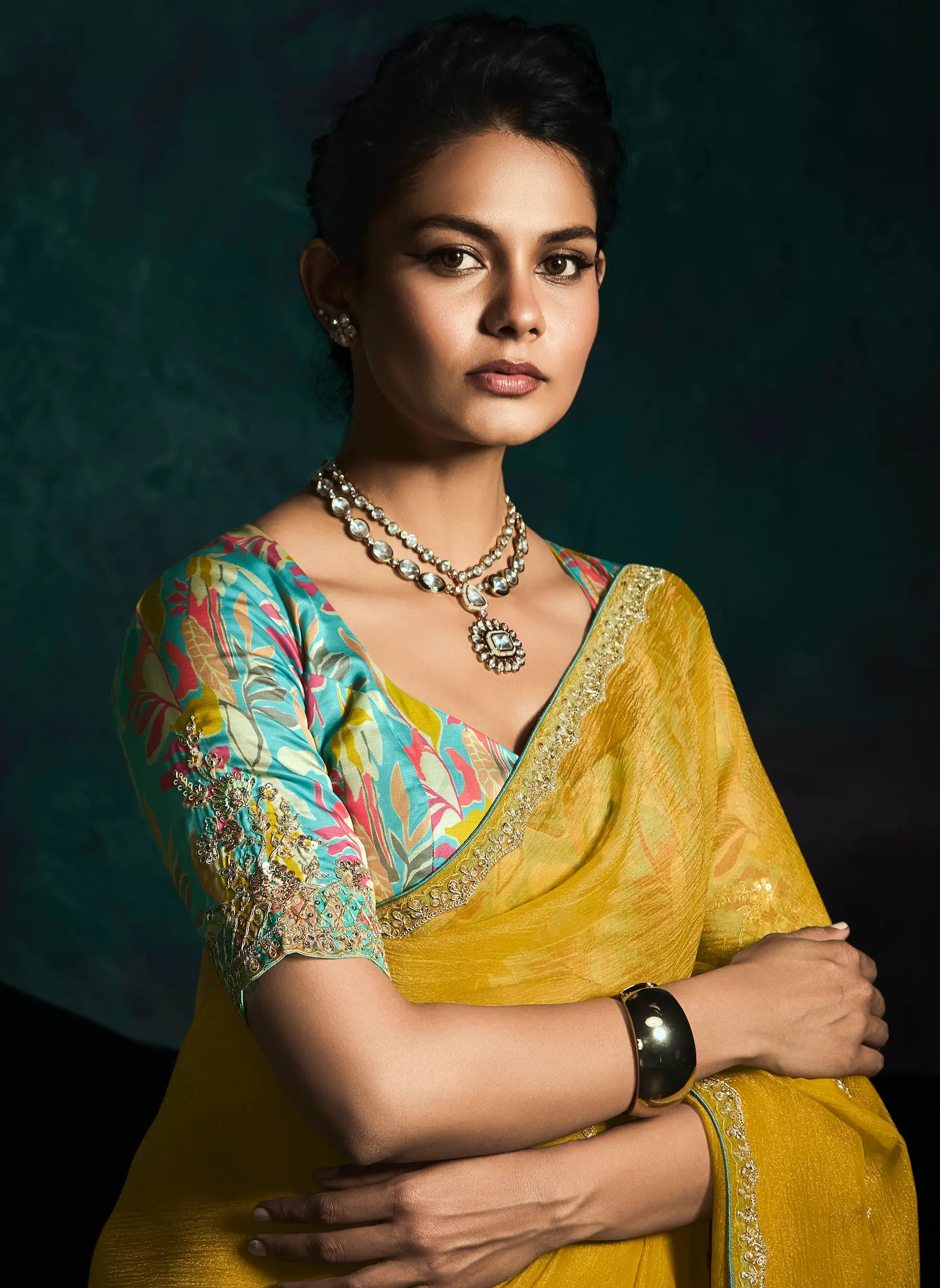 Yellow Glass Organza Saree With Digital Print, Sequence & Thread Embroidery Work - qivii