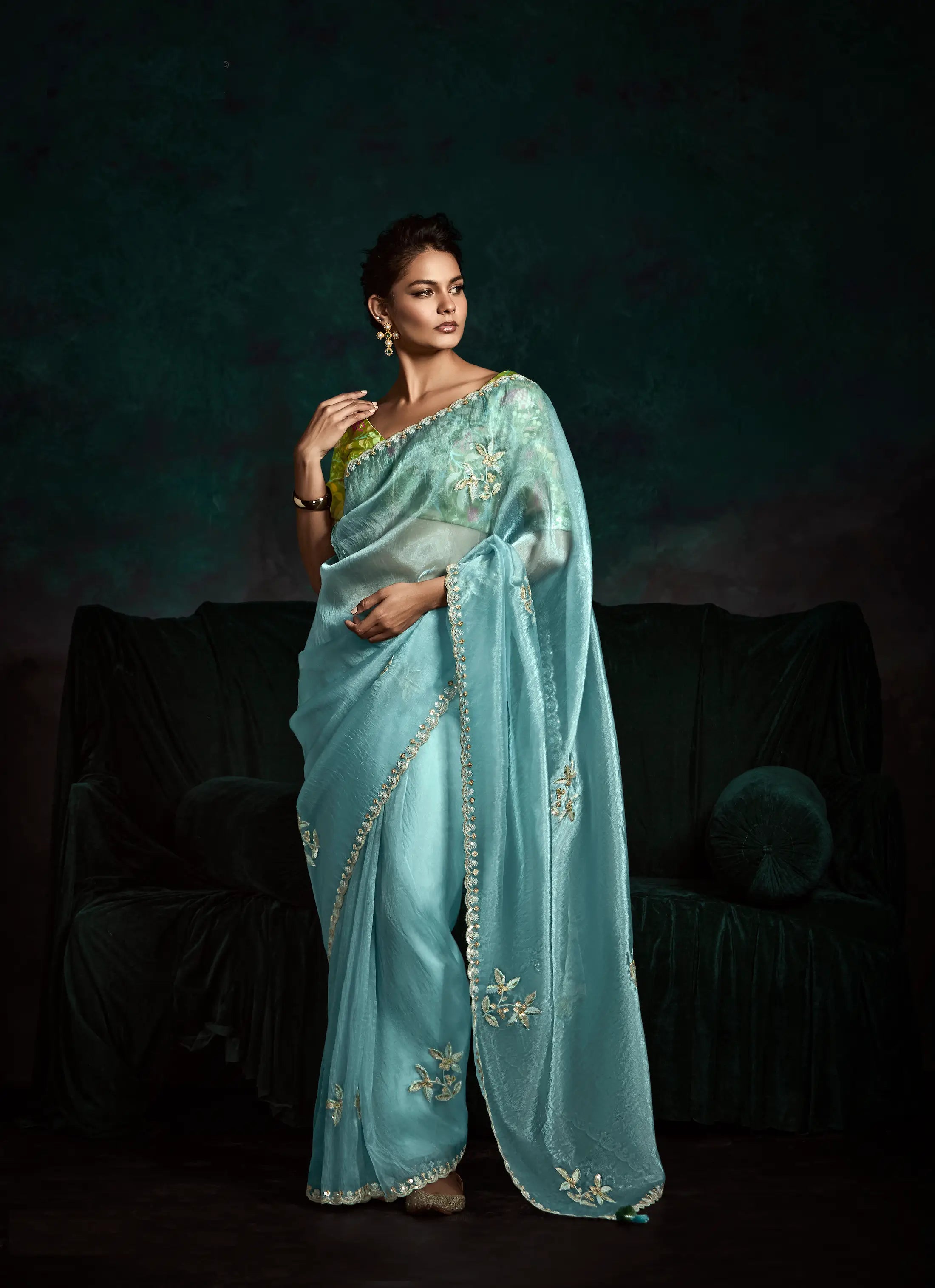 Sky Blue Glass Organza Saree With Digital Print, Sequence & Thread Embroidery Work - qivii