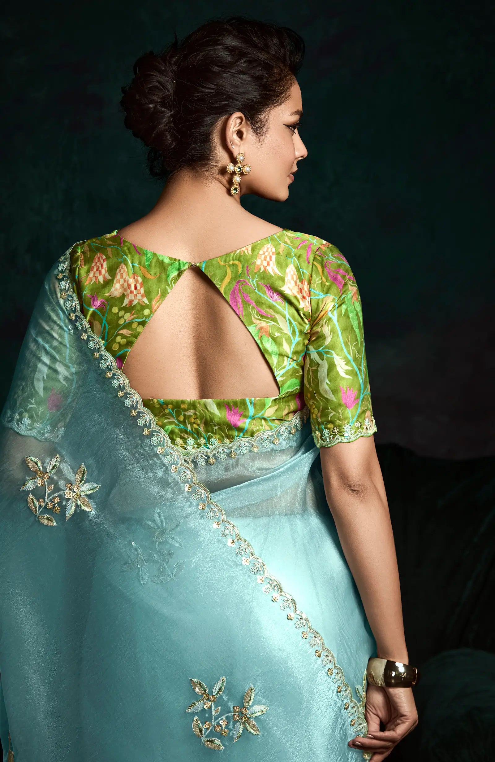 Sky Blue Glass Organza Saree With Digital Print, Sequence & Thread Embroidery Work