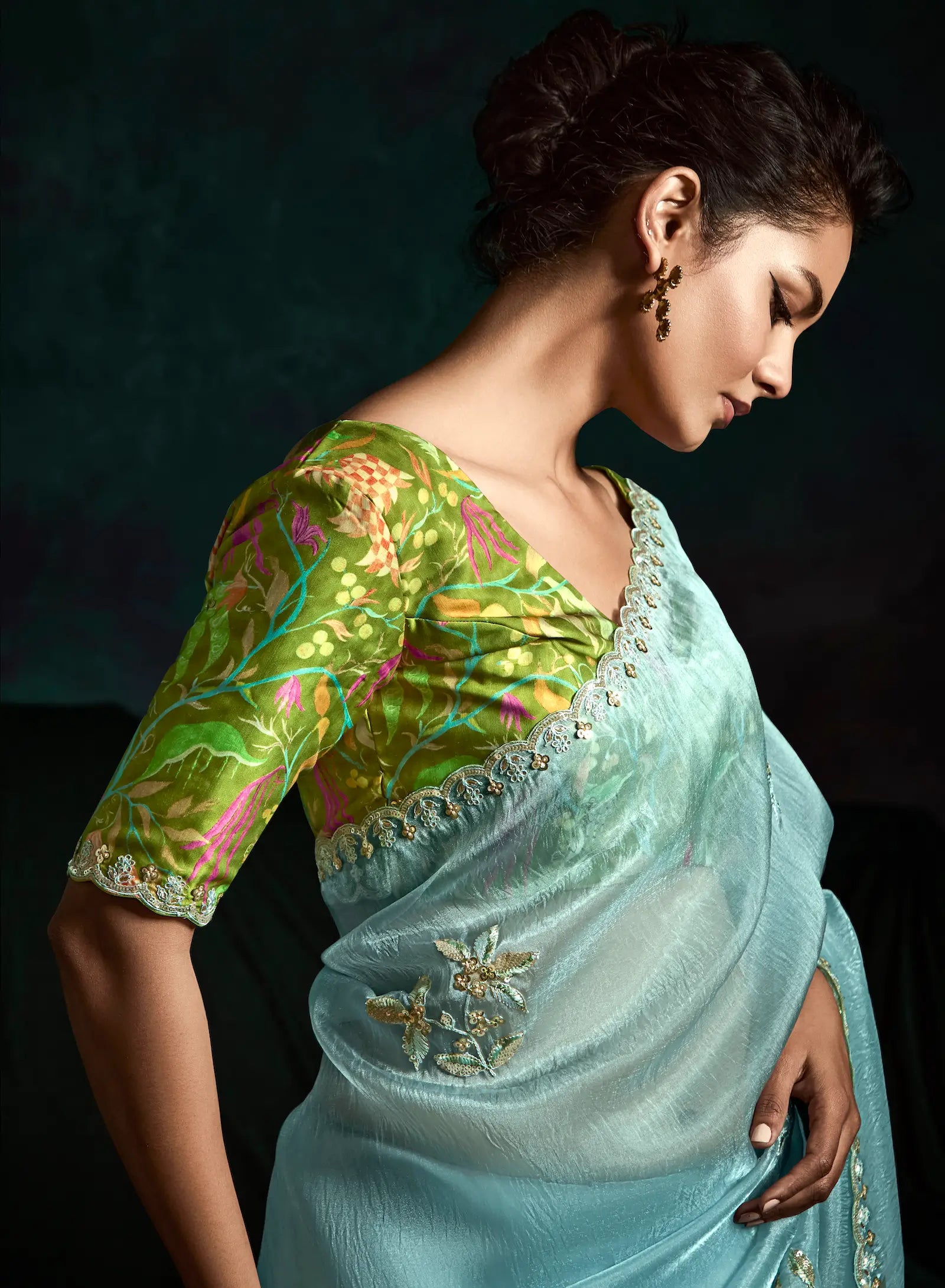 Sky Blue Glass Organza Saree With Digital Print, Sequence & Thread Embroidery Work