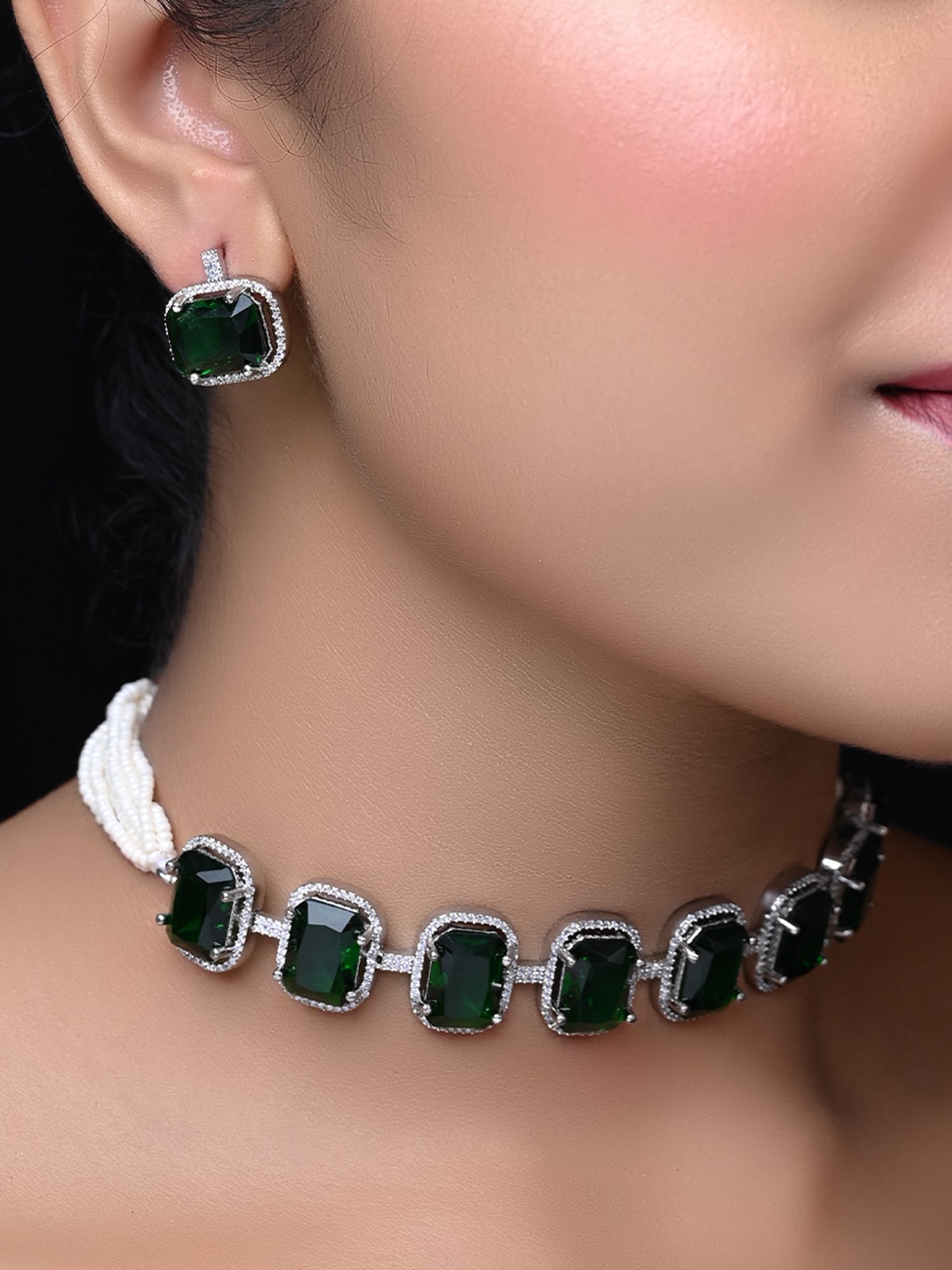 Ruqayyah Green Emerald Diamond Necklace Set - qivii