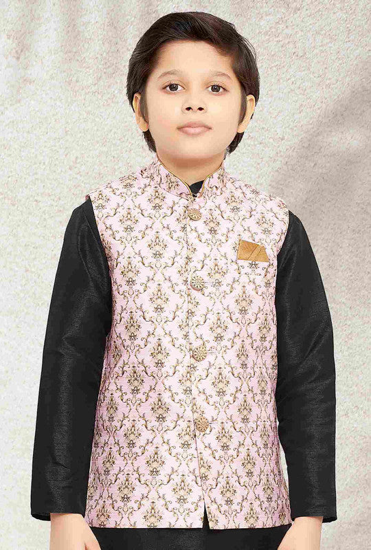 Boy's Light Pink Banarasi Silk Digital Printed Jacket Set