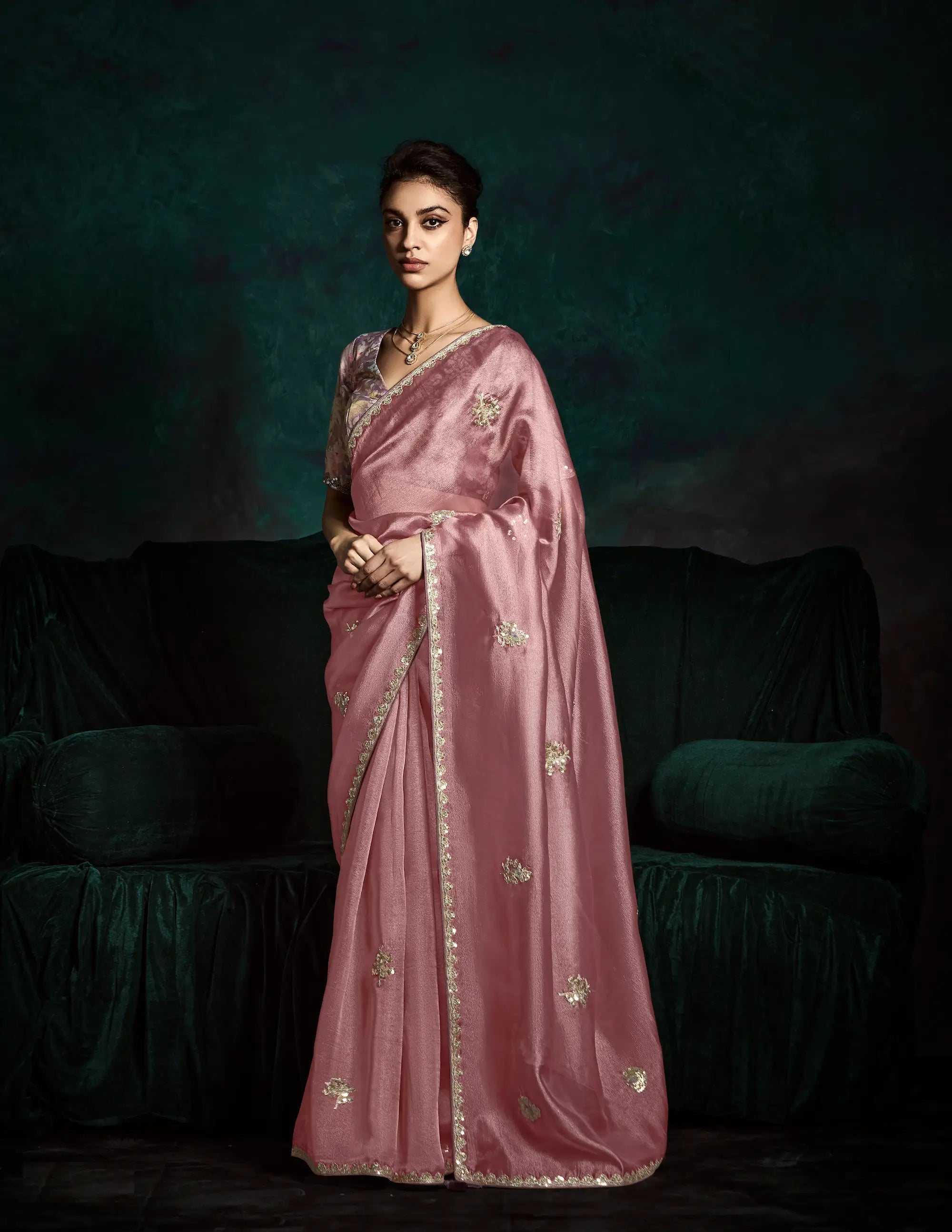 Dusty Peach Glass Organza Saree With Digital Print, Sequence & Thread Embroidery Work - qivii