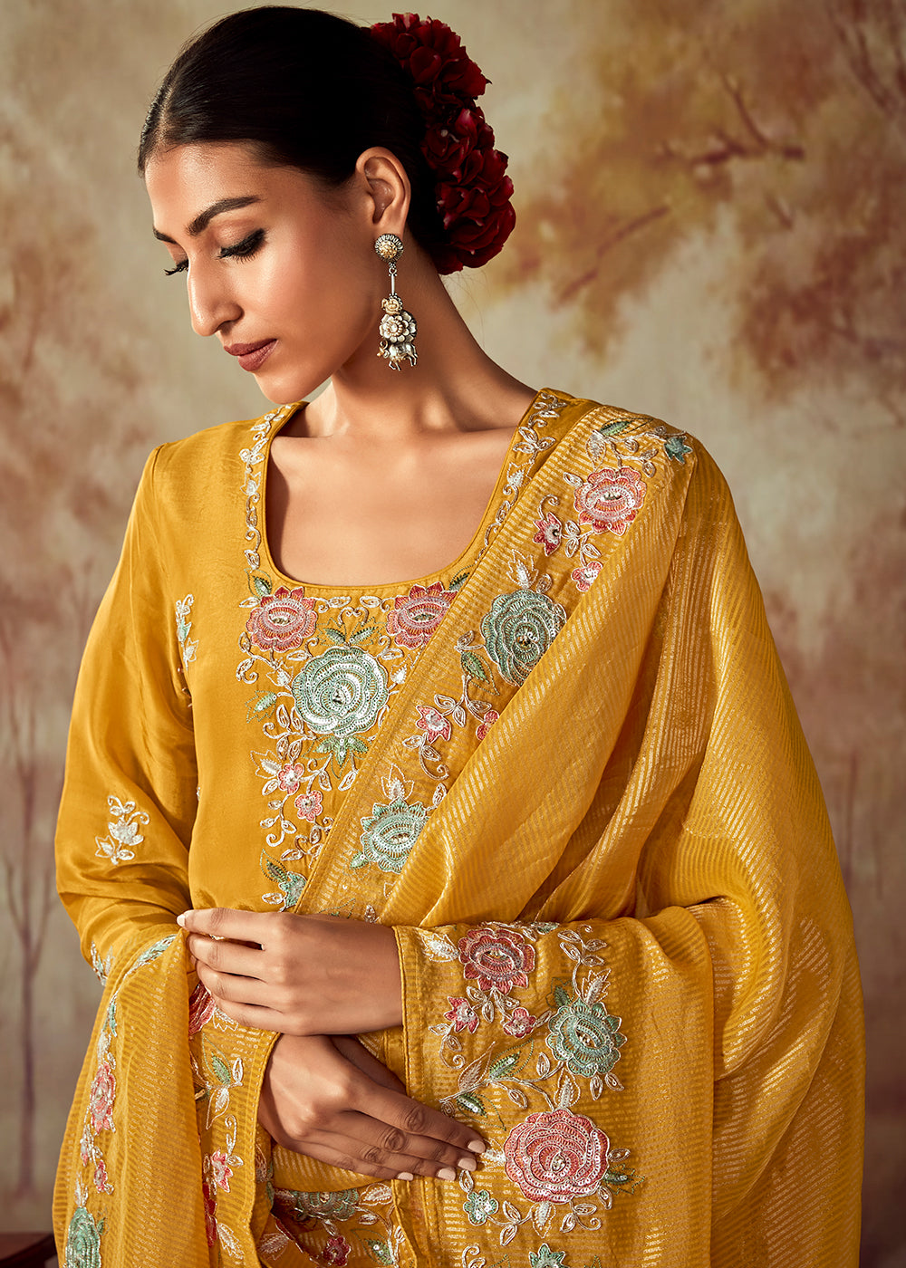 Mustard Yellow Silk Salwar Suit With Floral Embroidery Work - qivii