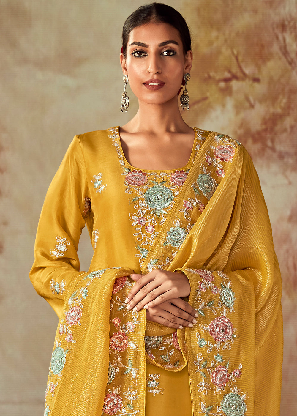 Mustard Yellow Silk Salwar Suit With Floral Embroidery Work - qivii