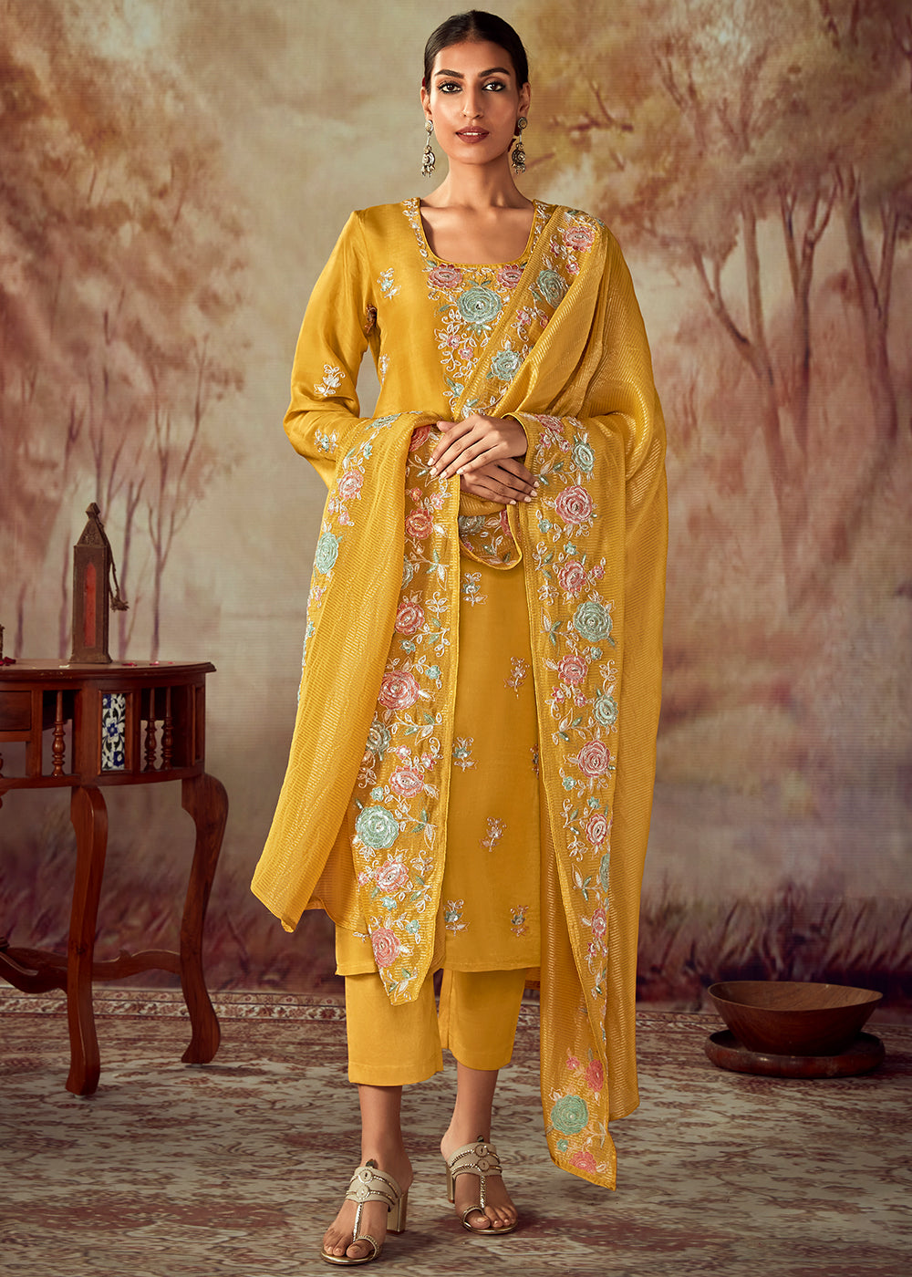 Mustard Yellow Silk Salwar Suit With Floral Embroidery Work - qivii