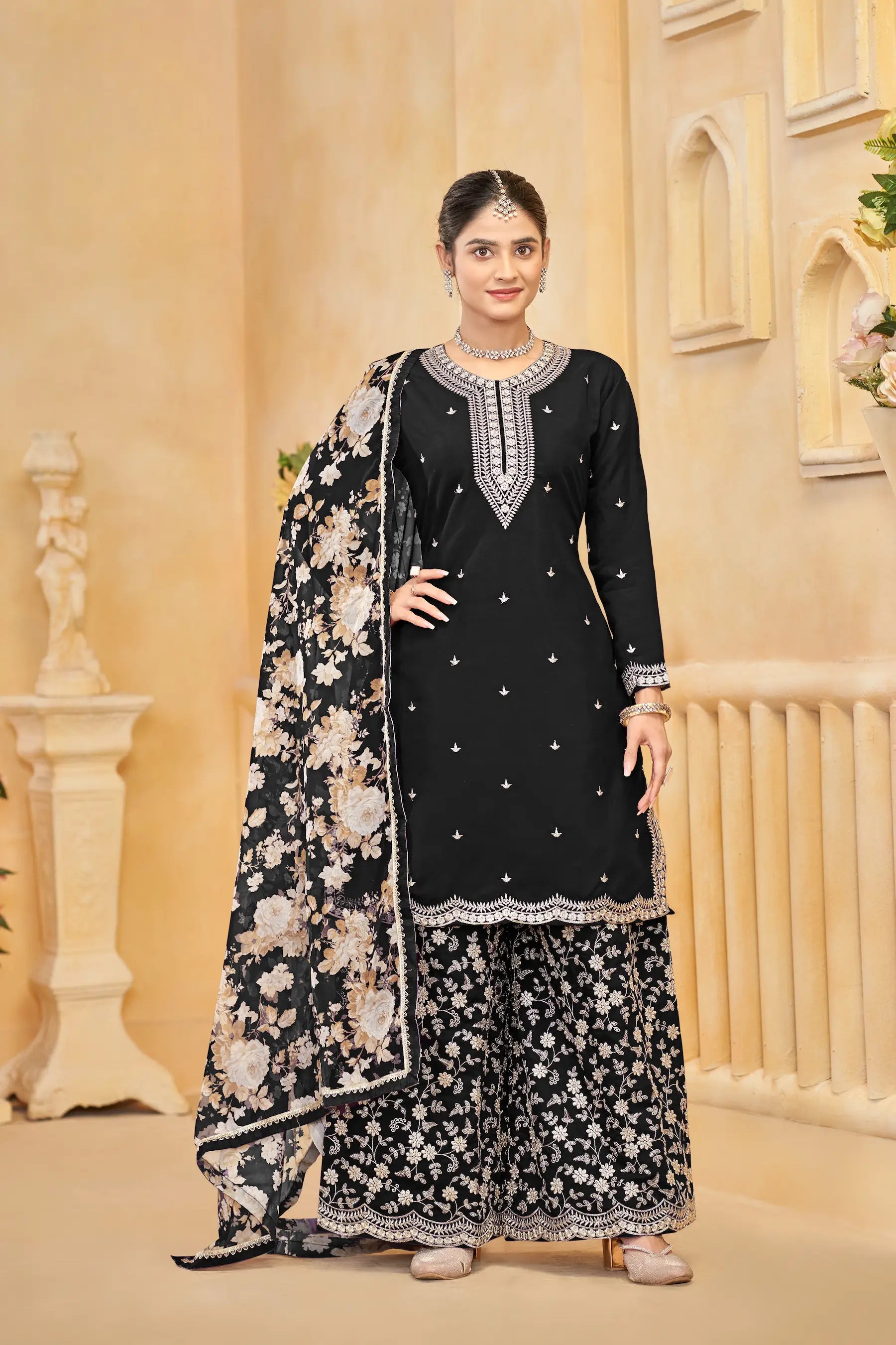 Black Roman Silk Thread & Sequins Embroidery Work Palazzo Set - qivii