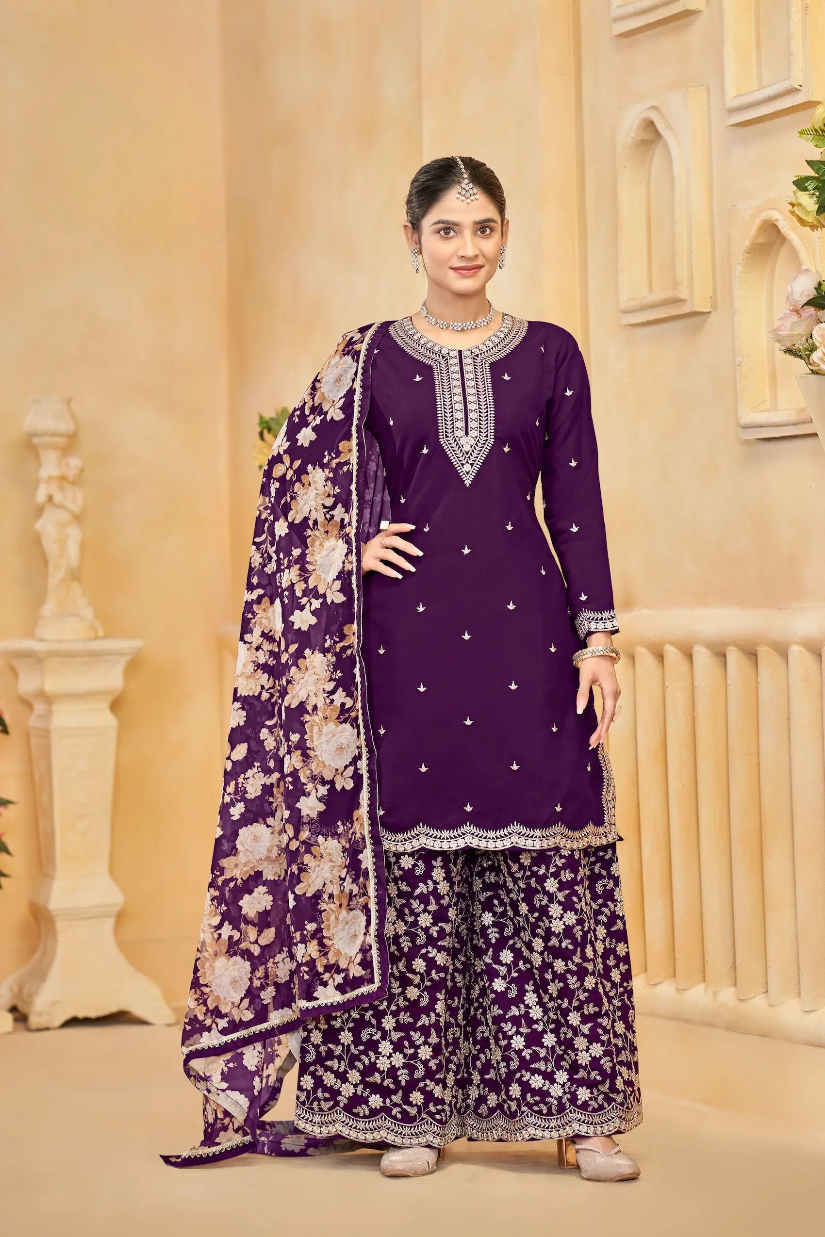 Purple Roman Silk Thread & Sequins Embroidery Work Palazzo Set - qivii