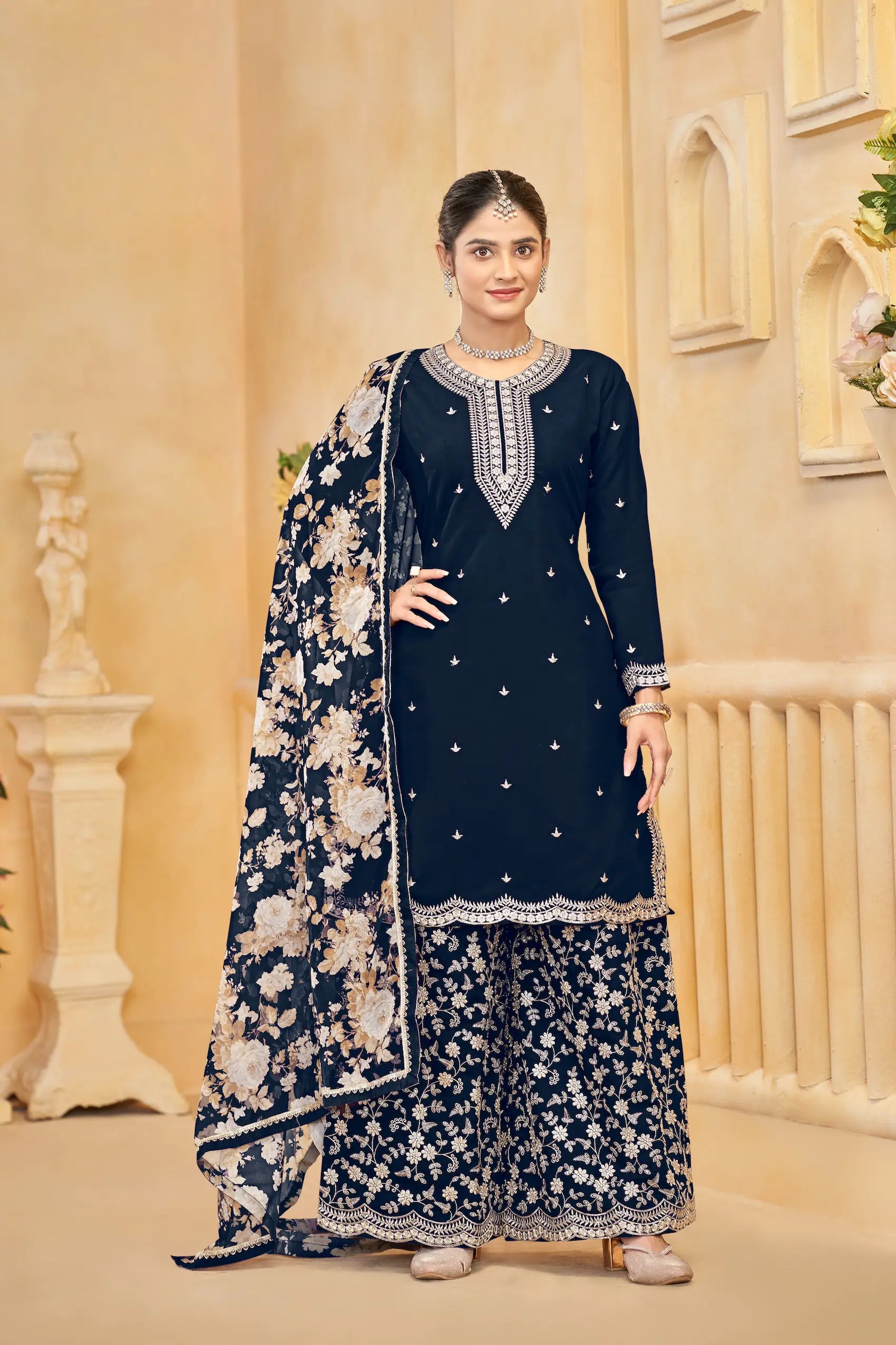Navy Blue Roman Silk Thread & Sequins Embroidery Work Palazzo Set - qivii