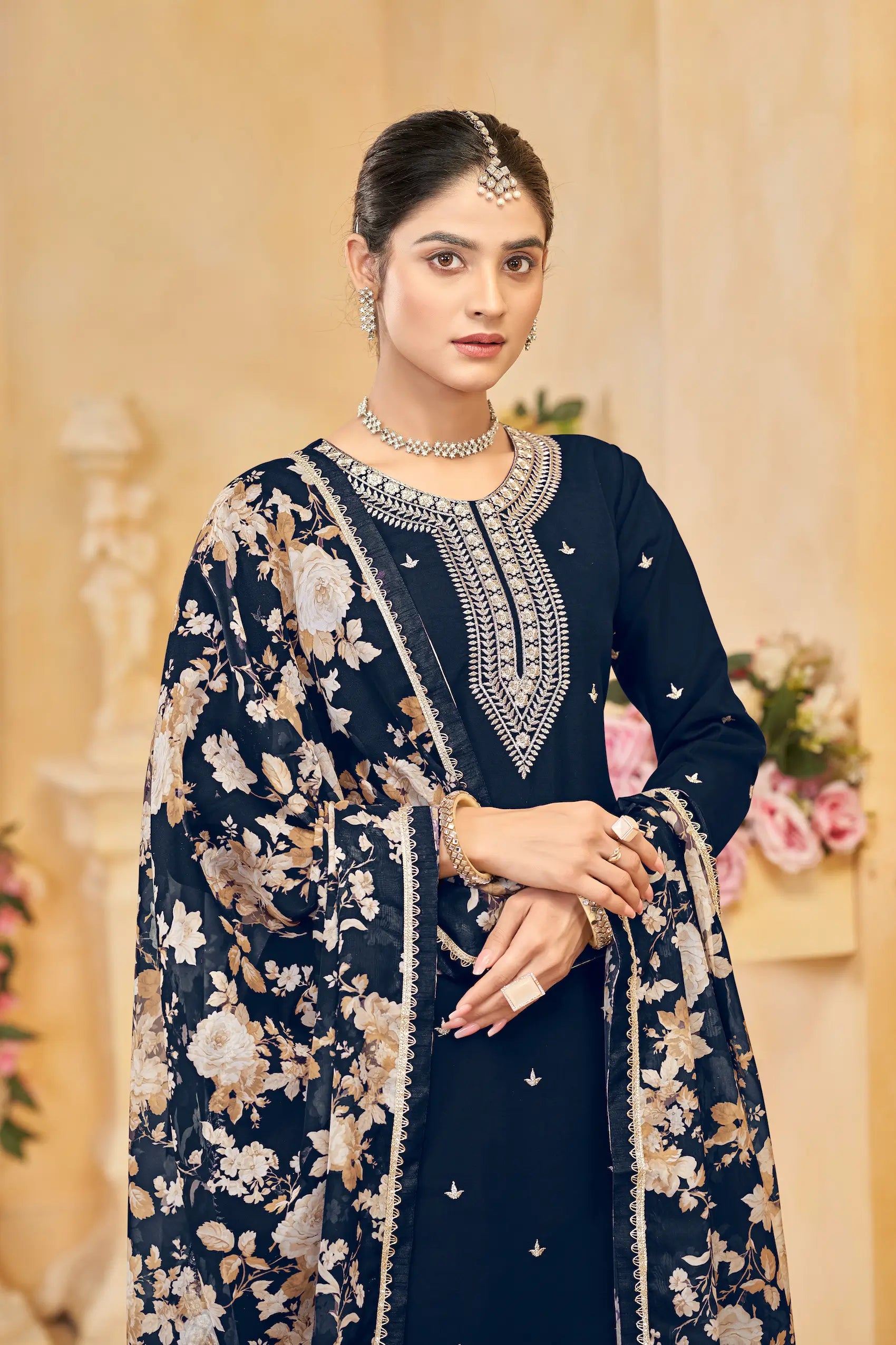 Navy Blue Roman Silk Thread & Sequins Embroidery Work Palazzo Set