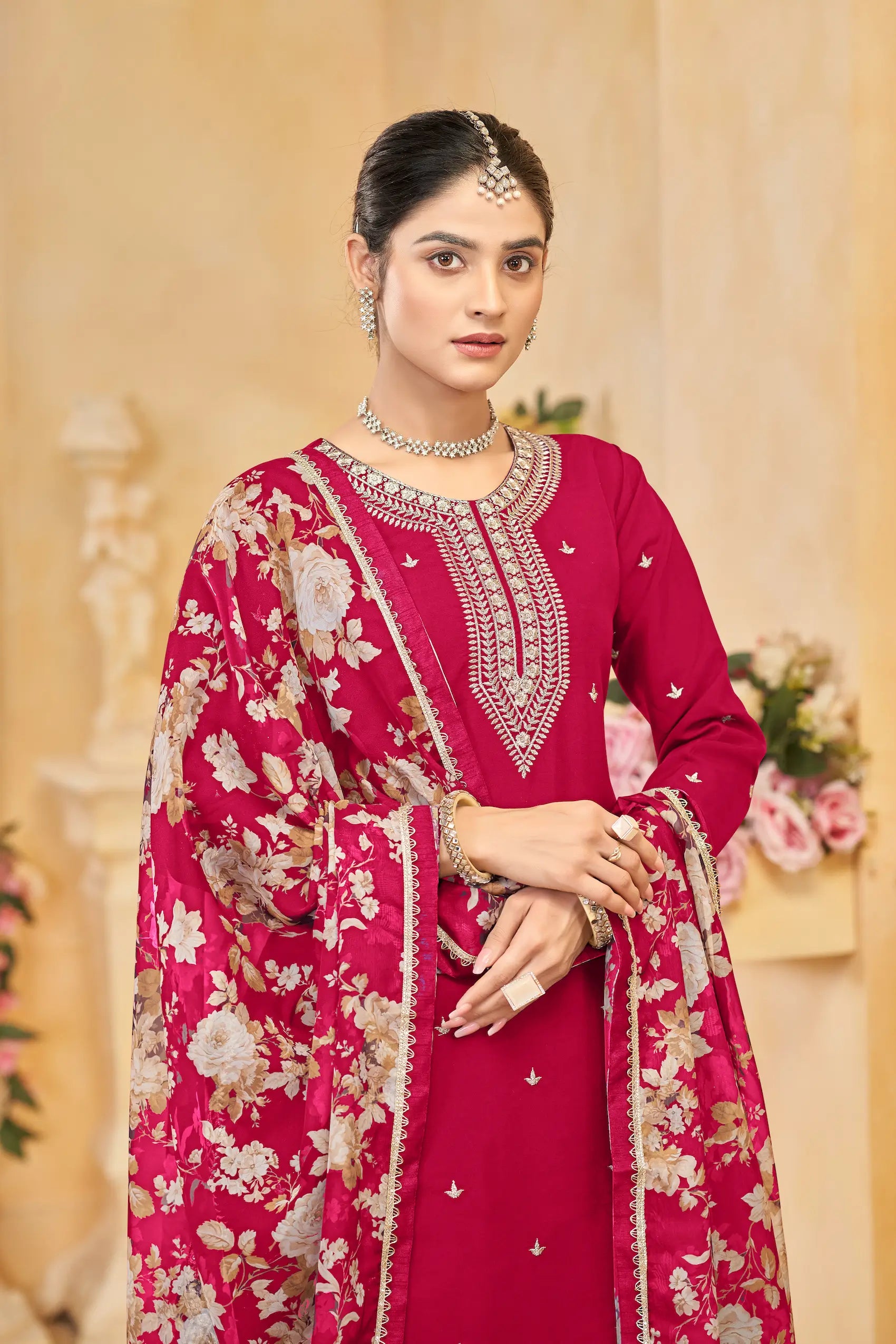 Red Roman Silk Thread & Sequins Embroidery Work Palazzo Set