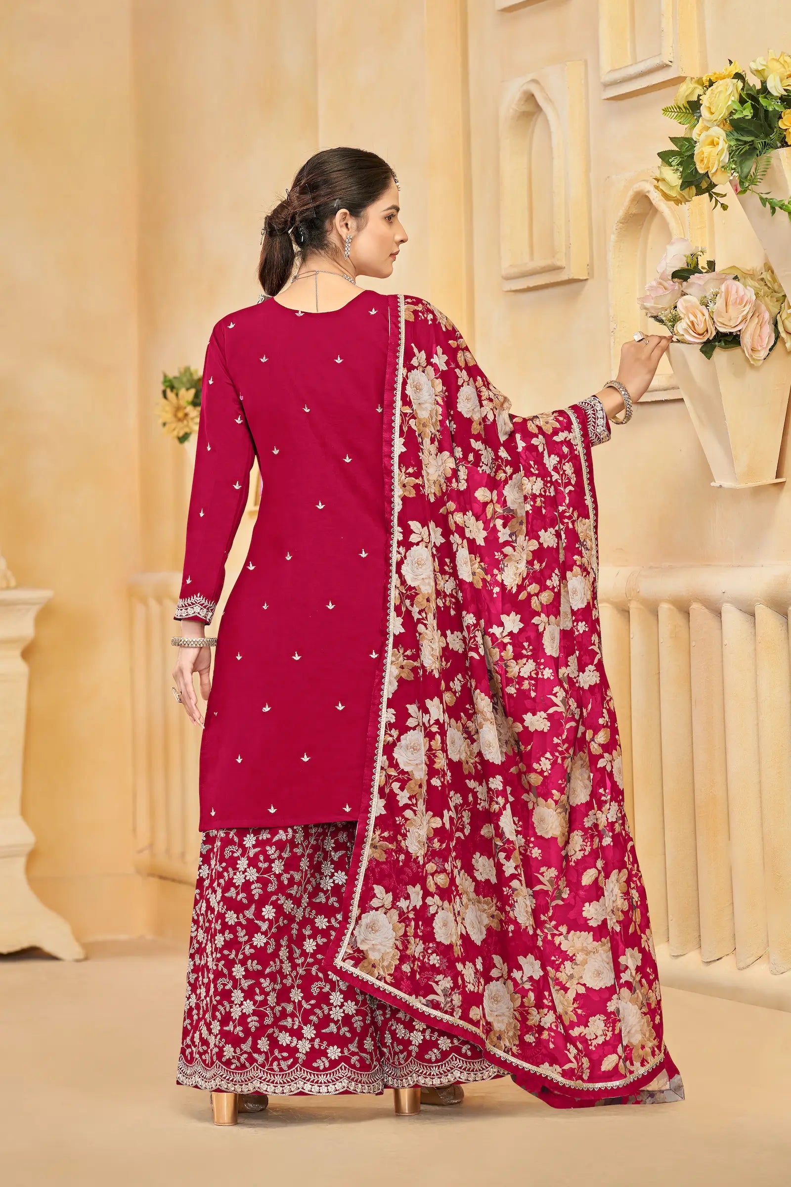Red Roman Silk Thread & Sequins Embroidery Work Palazzo Set