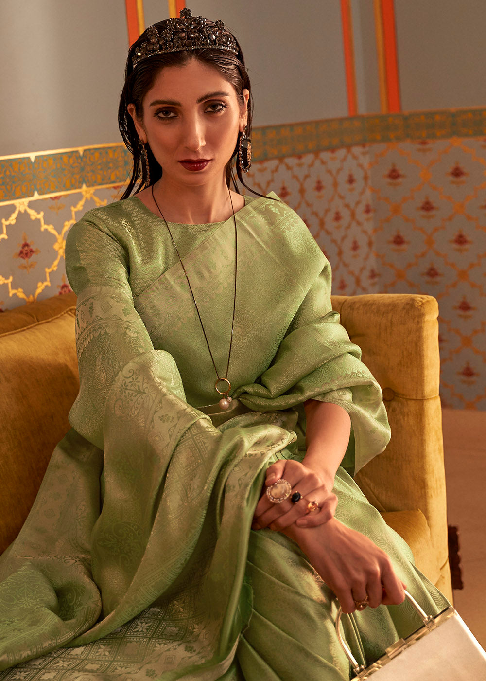 Pear Green Designer Satin Silk Saree - qivii