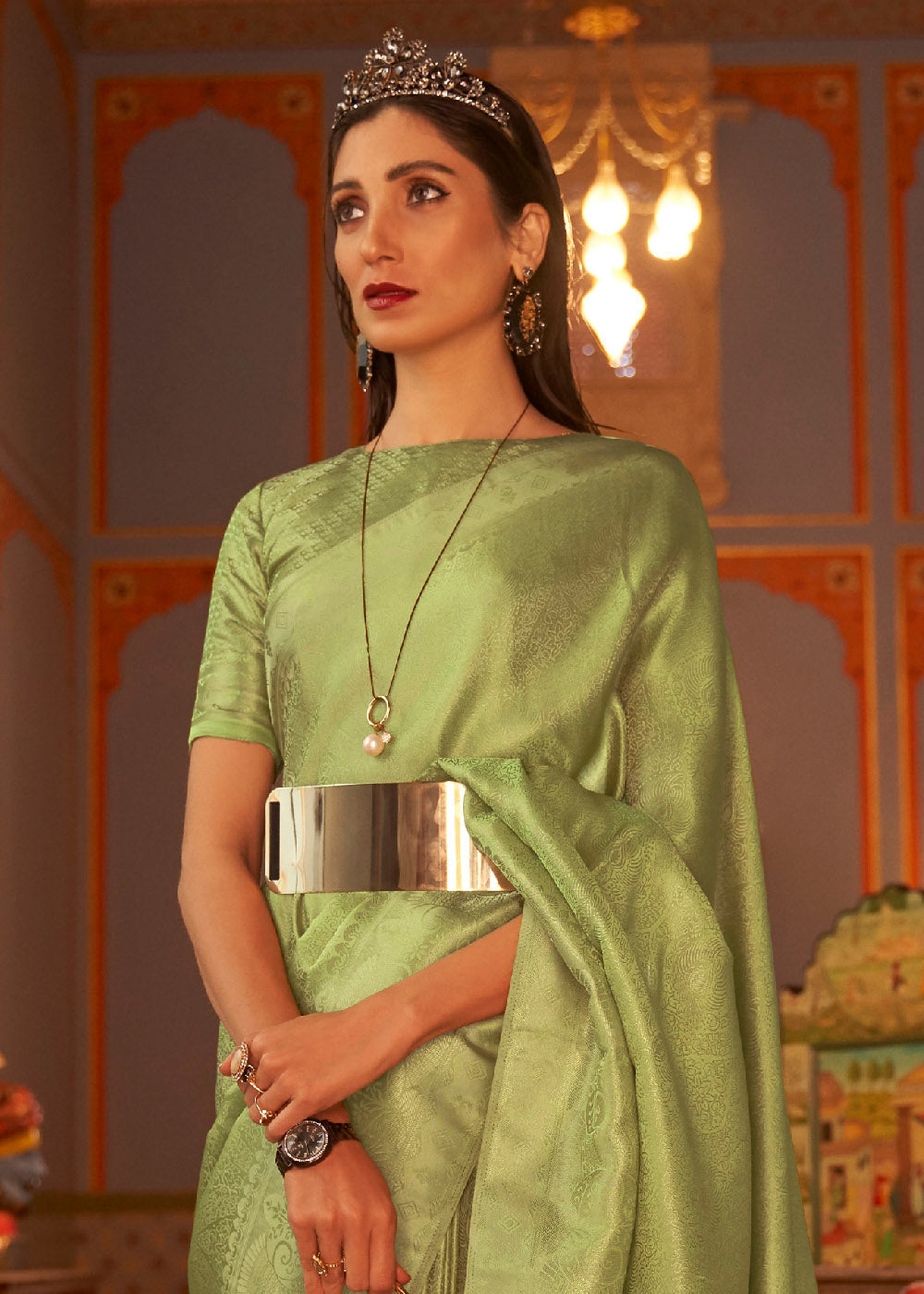 Pear Green Designer Satin Silk Saree - qivii