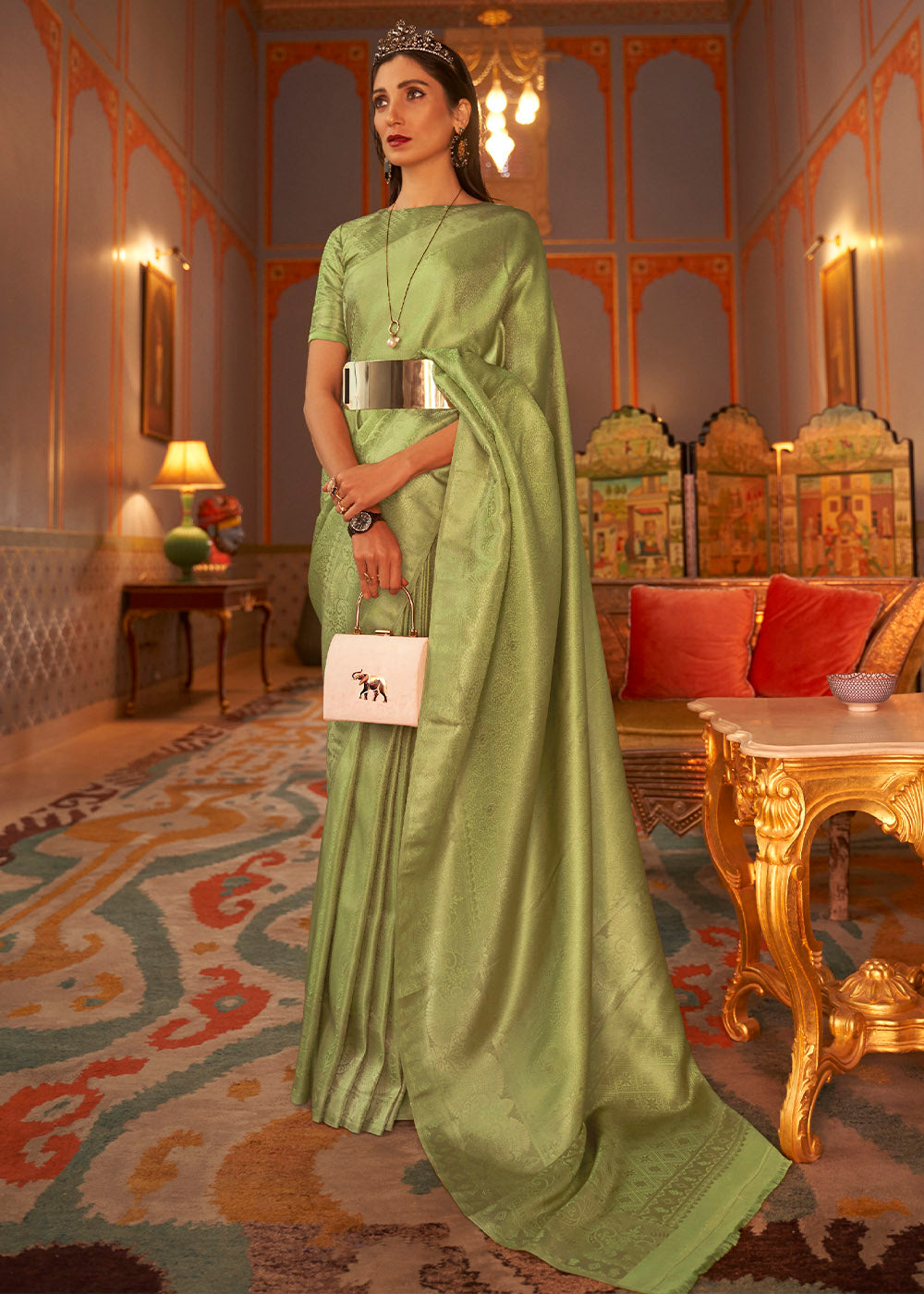 Pear Green Designer Satin Silk Saree - qivii