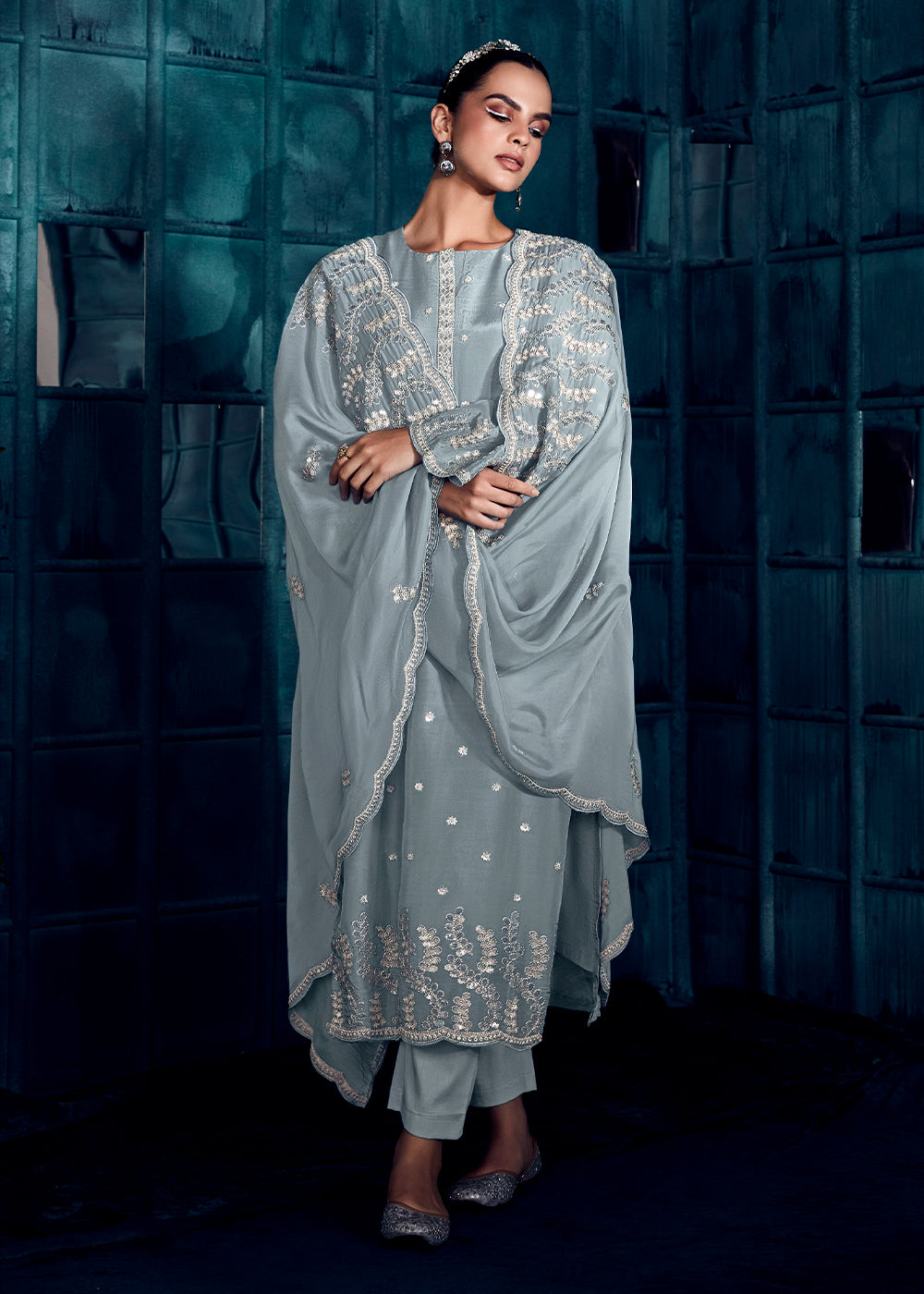 Chateau Grey Silk Salwar Suit with Embroidery work - qivii