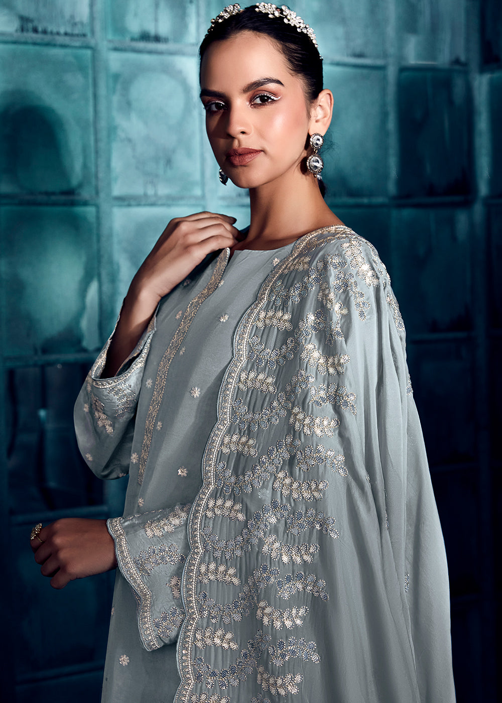 Chateau Grey Silk Salwar Suit with Embroidery work - qivii