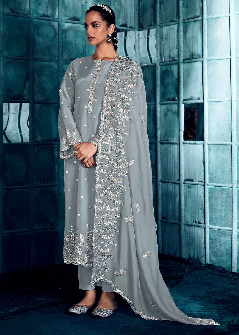 Chateau Grey Silk Salwar Suit with Embroidery work - qivii