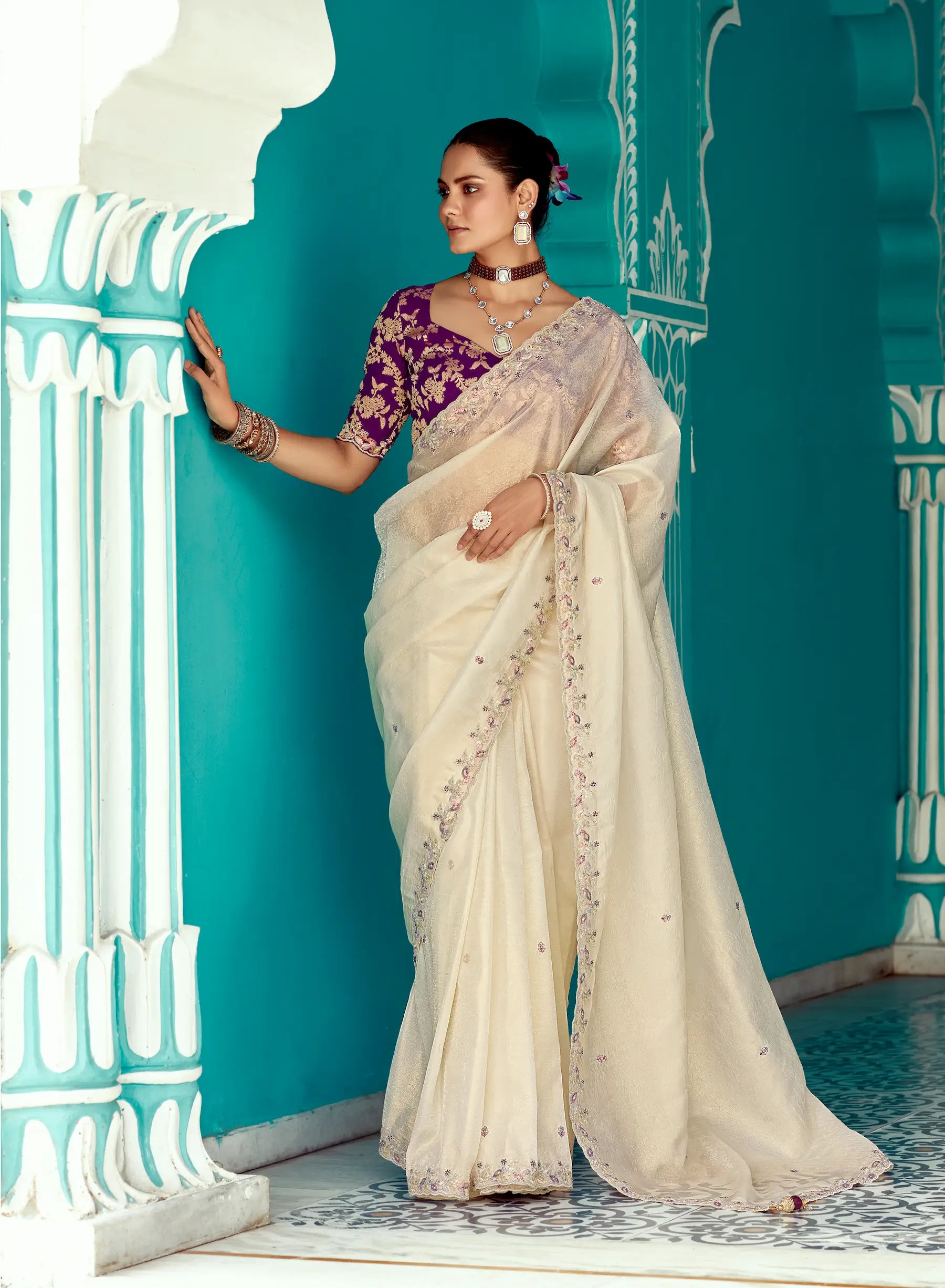 Beige Organza Embroidery Work Party wear Saree - qivii