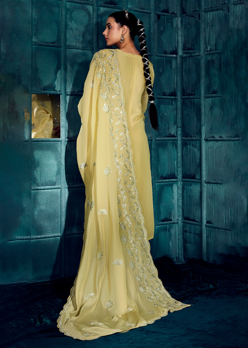 Jonquil Yellow Silk Salwar Suit with Embroidery work - qivii