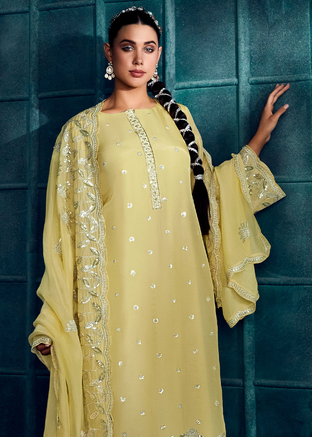 Jonquil Yellow Silk Salwar Suit with Embroidery work - qivii