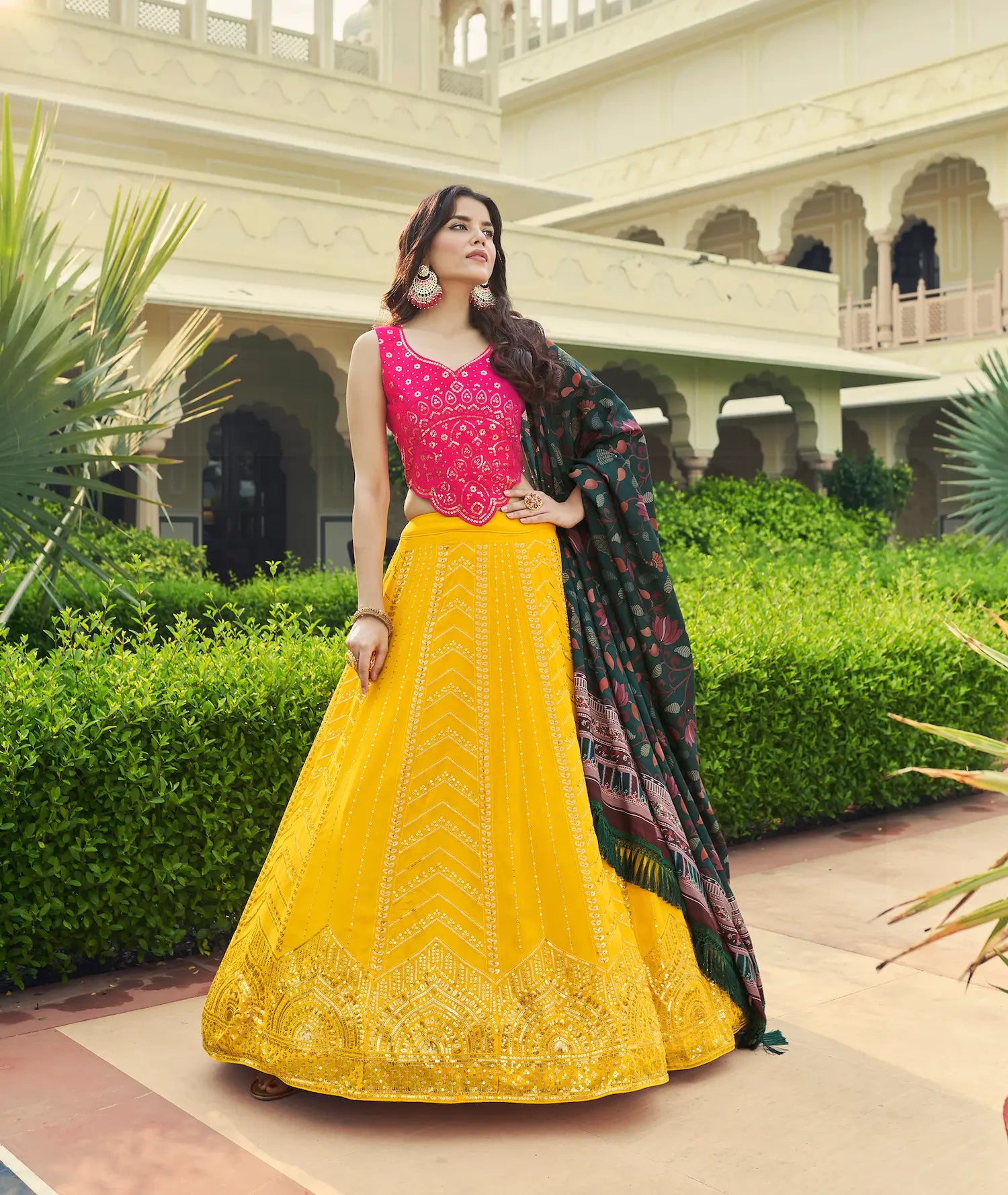 Yellow-Pink Georgette Lehenga Choli With Thread with Sequence Embroidery Work | Ready To Wear - qivii