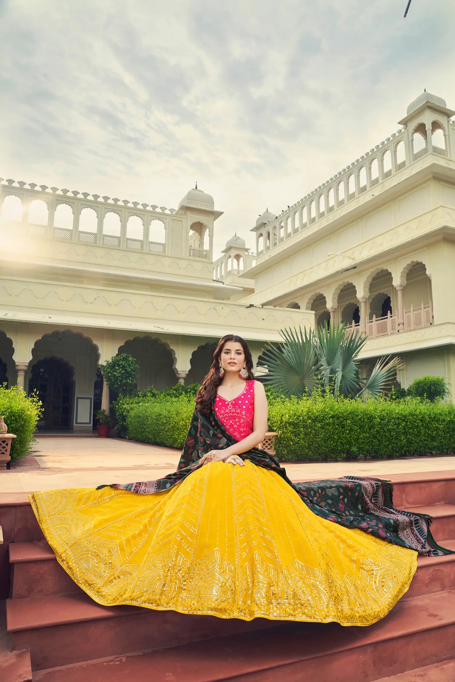 Yellow-Pink Georgette Lehenga Choli With Thread with Sequence Embroidery Work | Ready To Wear - qivii