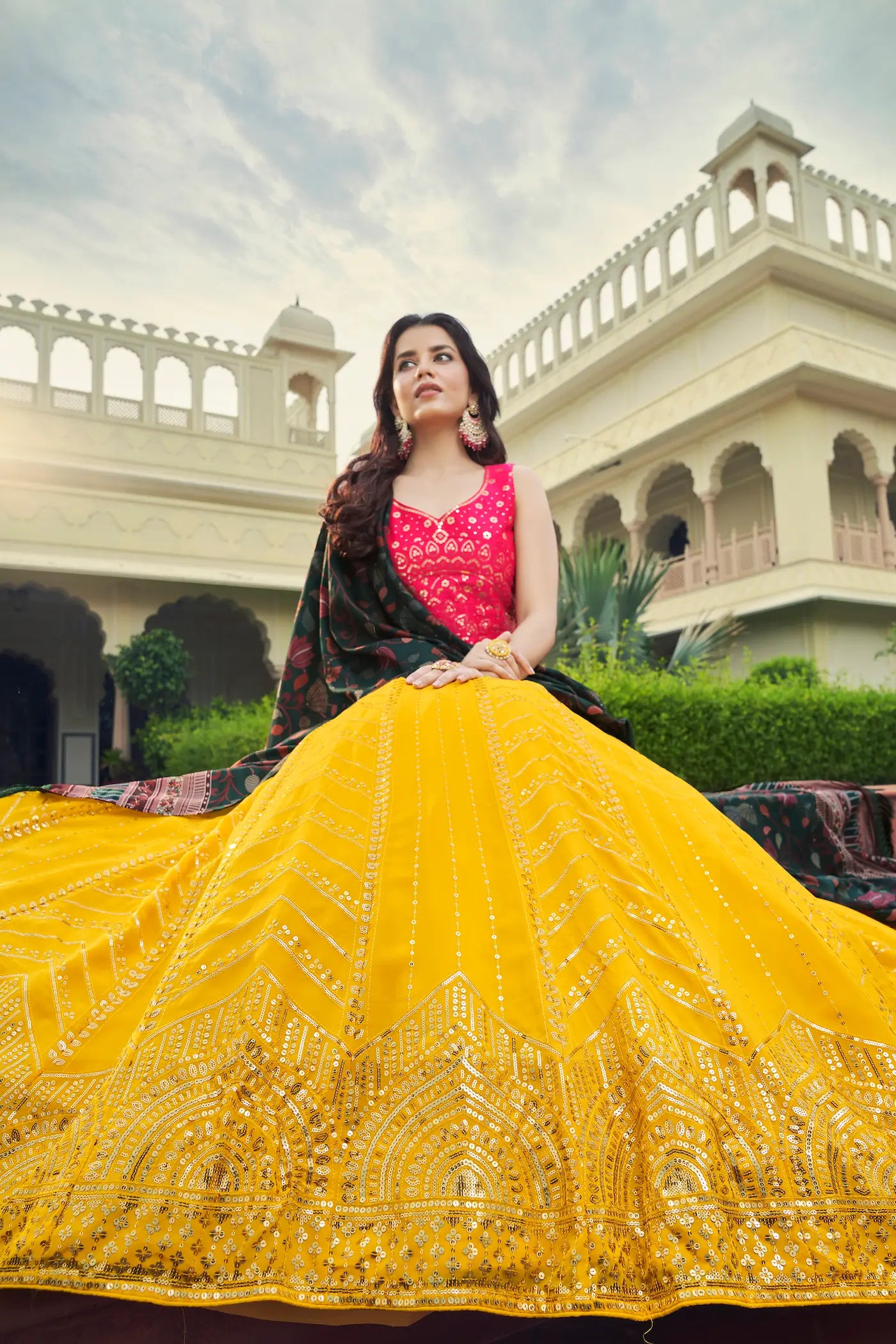 Yellow-Pink Georgette Lehenga Choli With Thread with Sequence Embroidery Work | Ready To Wear - qivii