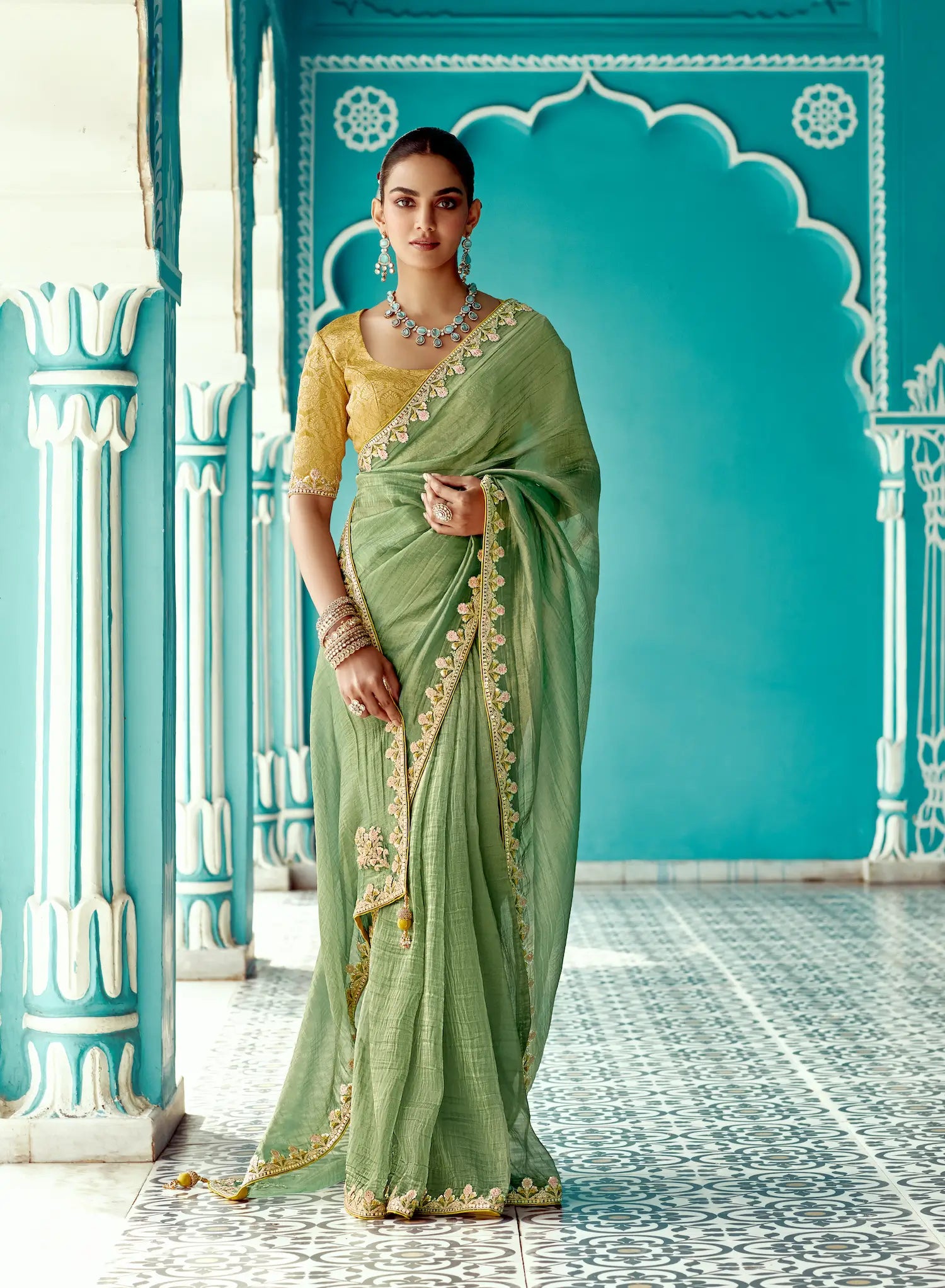 Olive Green Organza Embroidery Work Party wear Saree - qivii