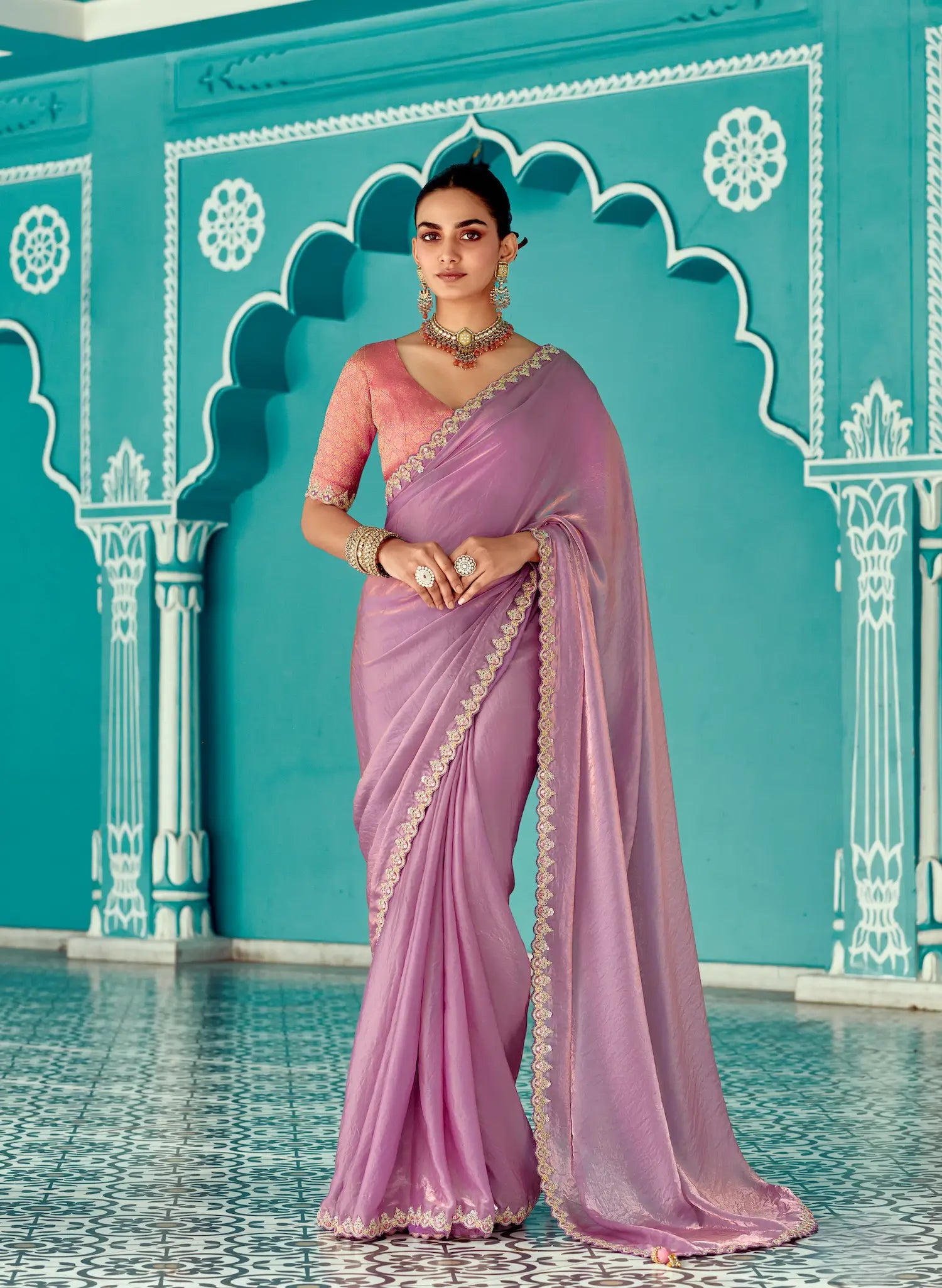 Lavender Organza Embroidery Work Party wear Saree - qivii