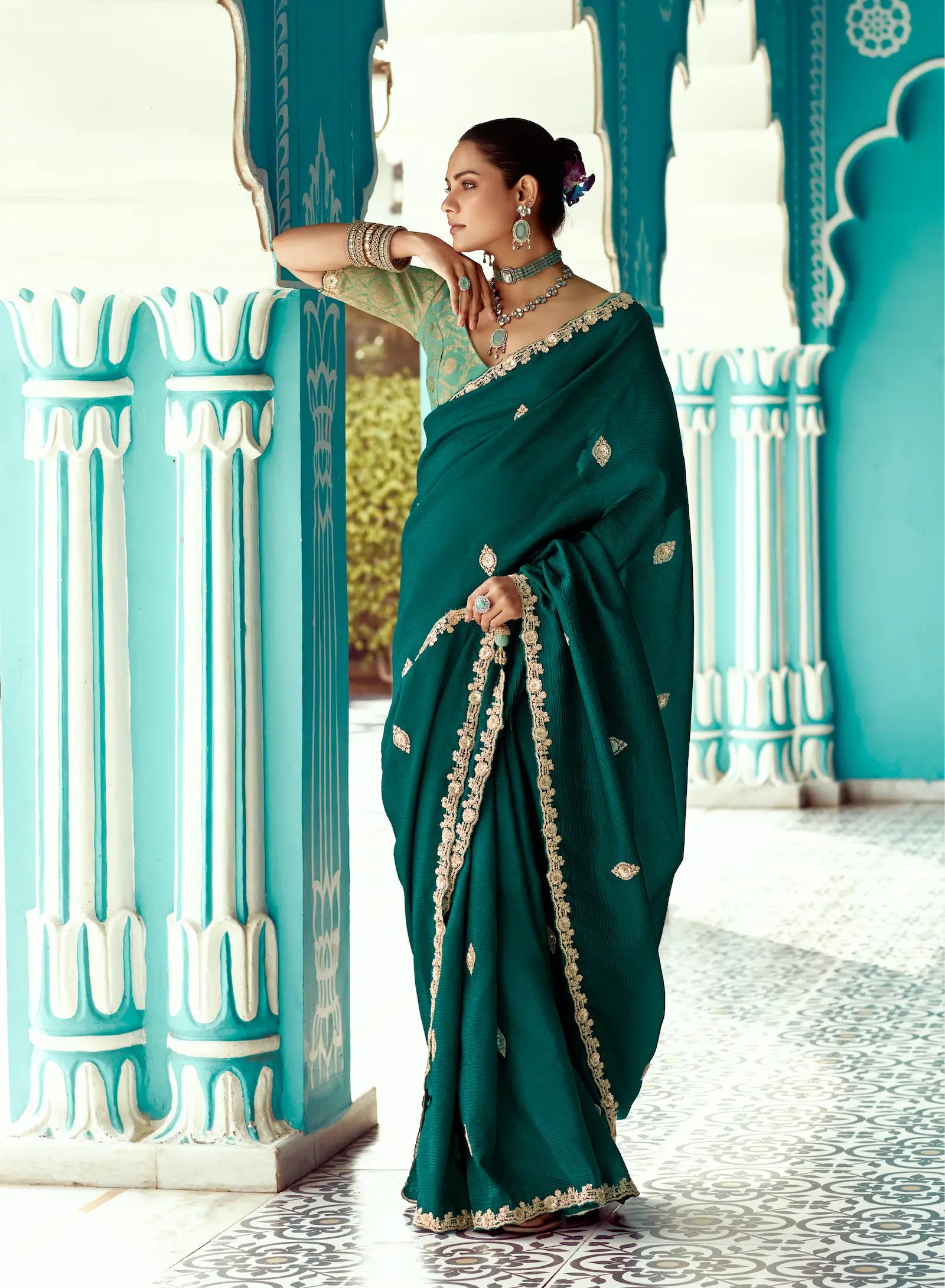 Dark Green Organza Embroidery Work Party wear Saree - qivii