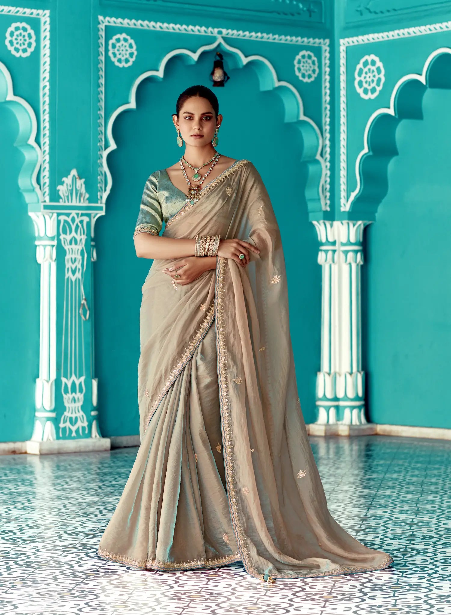 Shaded Dark Beige Organza Embroidery Work Party wear Saree - qivii