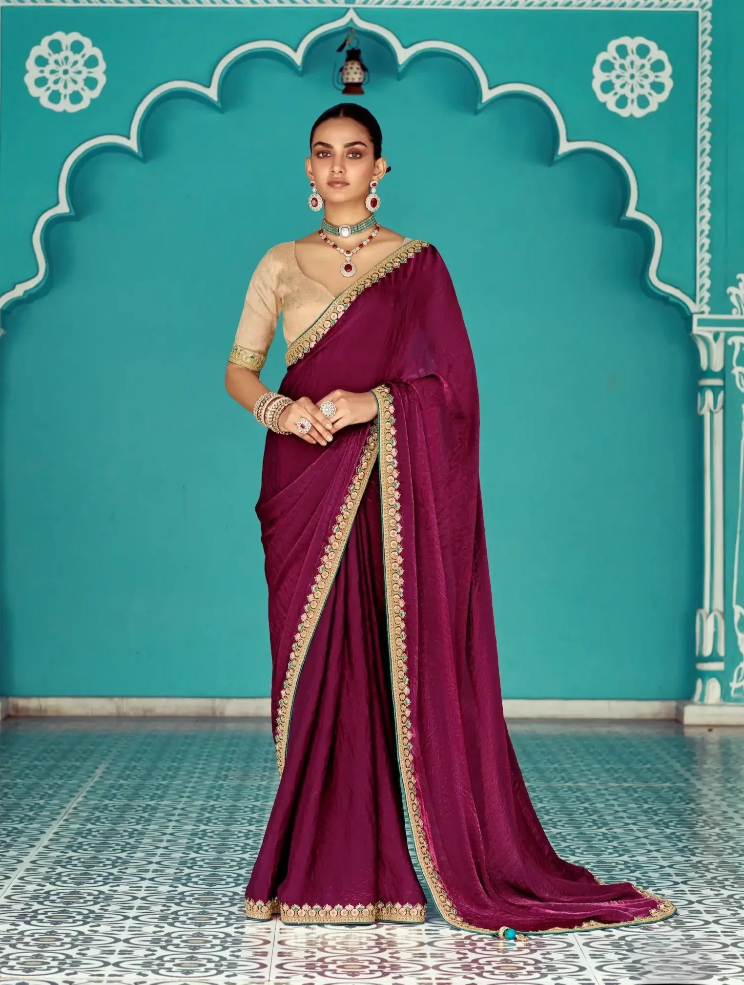 Berry Wine Organza Embroidery Work Party wear Saree - qivii