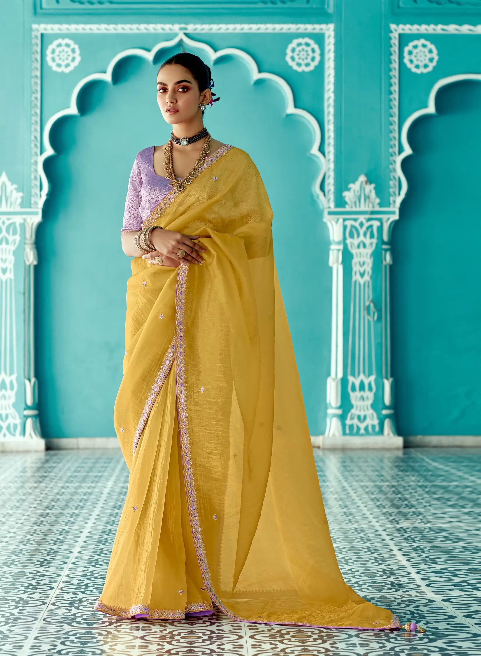 Honey Yellow Organza Embroidery Work Party wear Saree - qivii