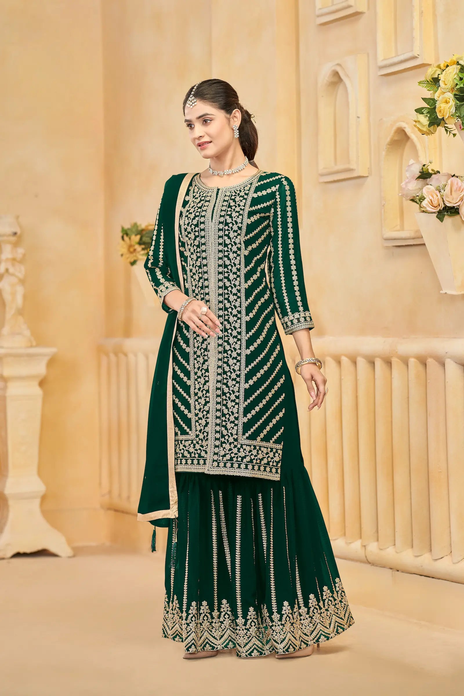 Green Georgette Thread & Sequins Embroidery Work Sharara Set - qivii