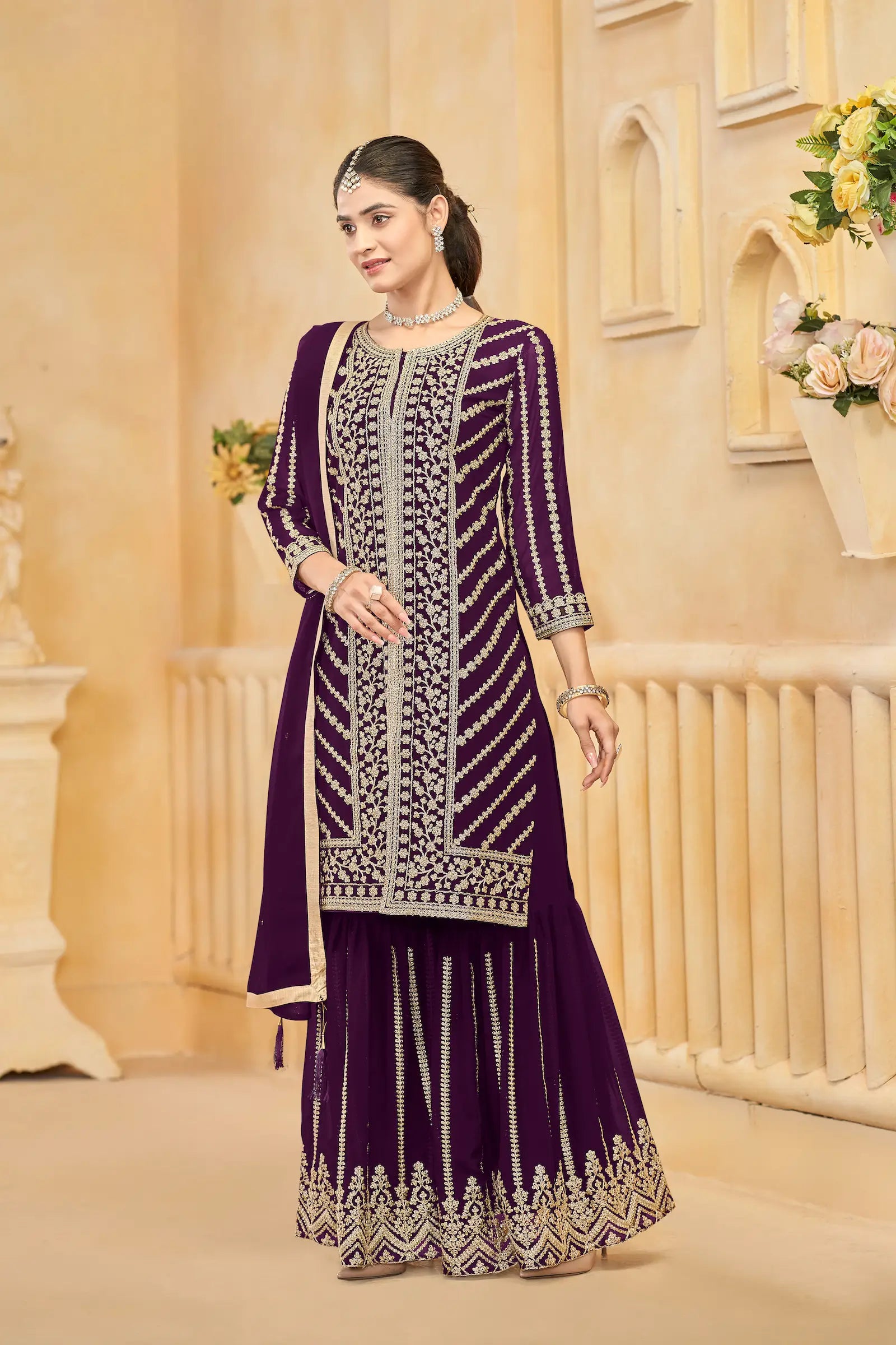 Wine Georgette Thread & Sequins Embroidery Work Sharara Set - qivii