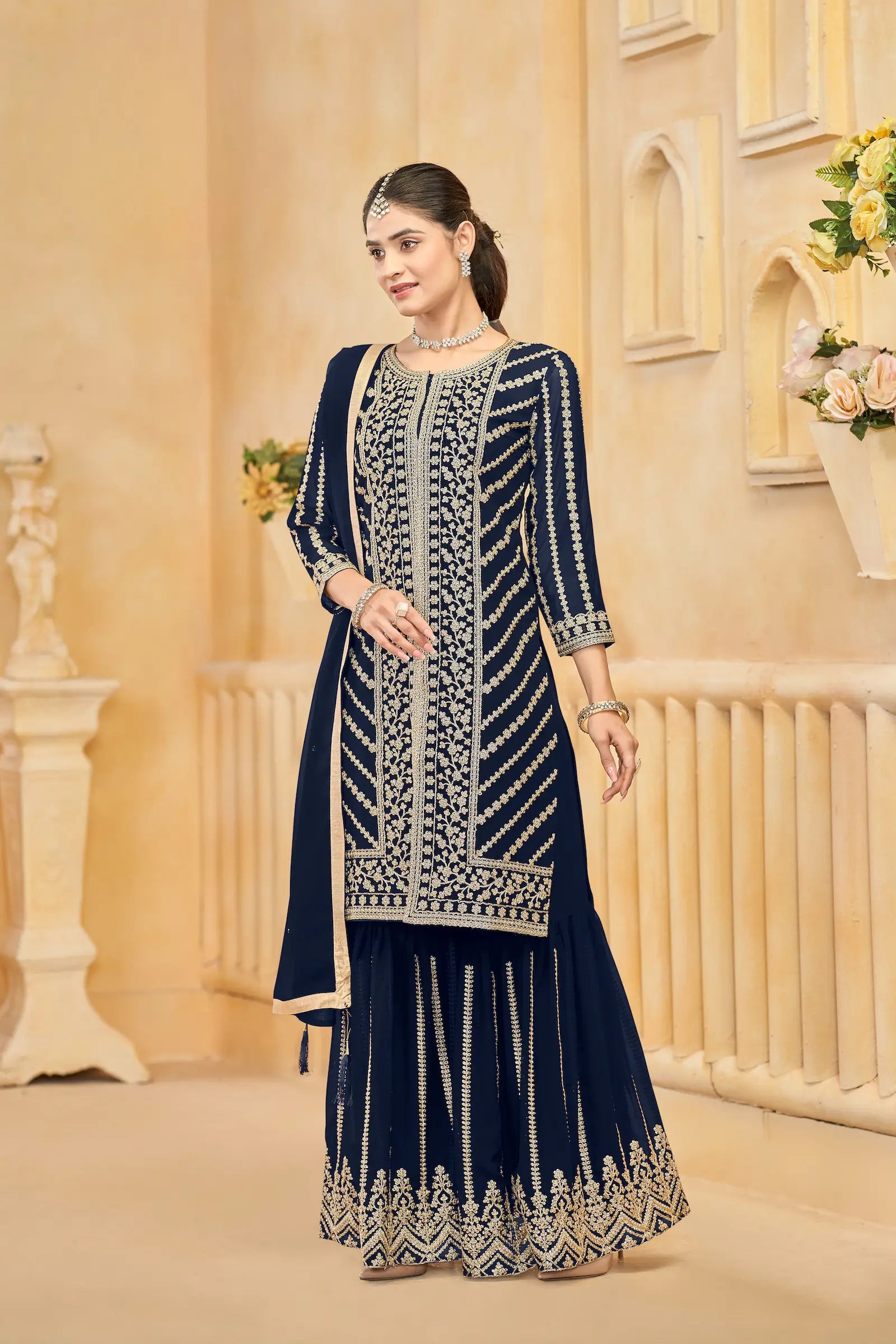 Navy Blue Georgette Thread & Sequins Embroidery Work Sharara Set - qivii