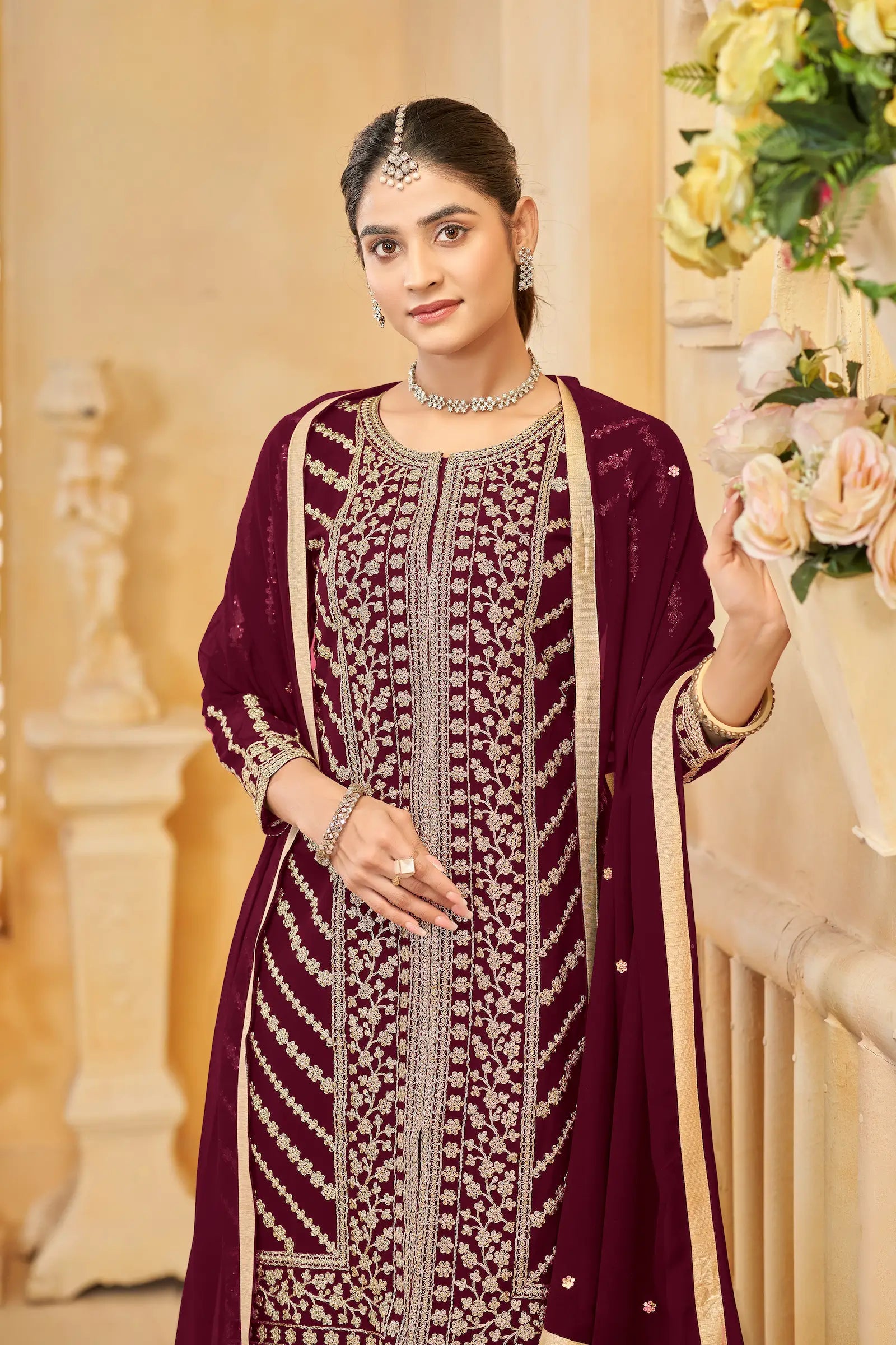 Maroon Georgette Thread & Sequins Embroidery Work Sharara Set - qivii