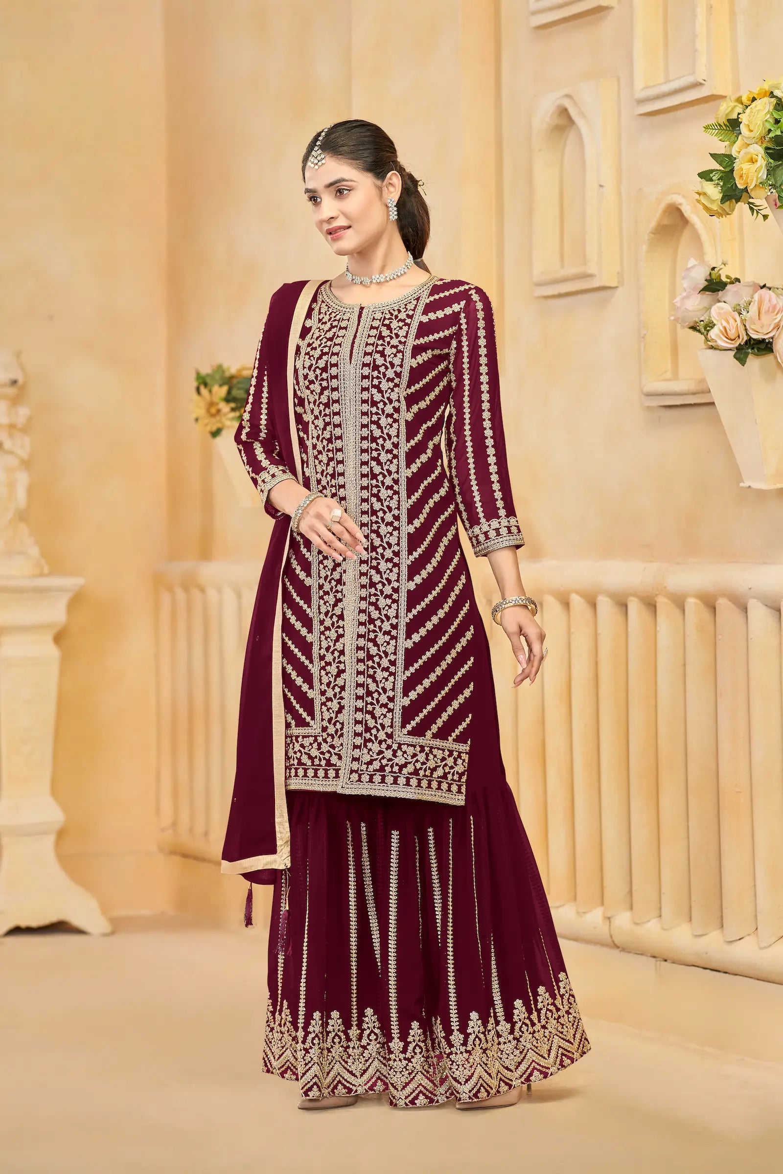 Maroon Georgette Thread & Sequins Embroidery Work Sharara Set - qivii