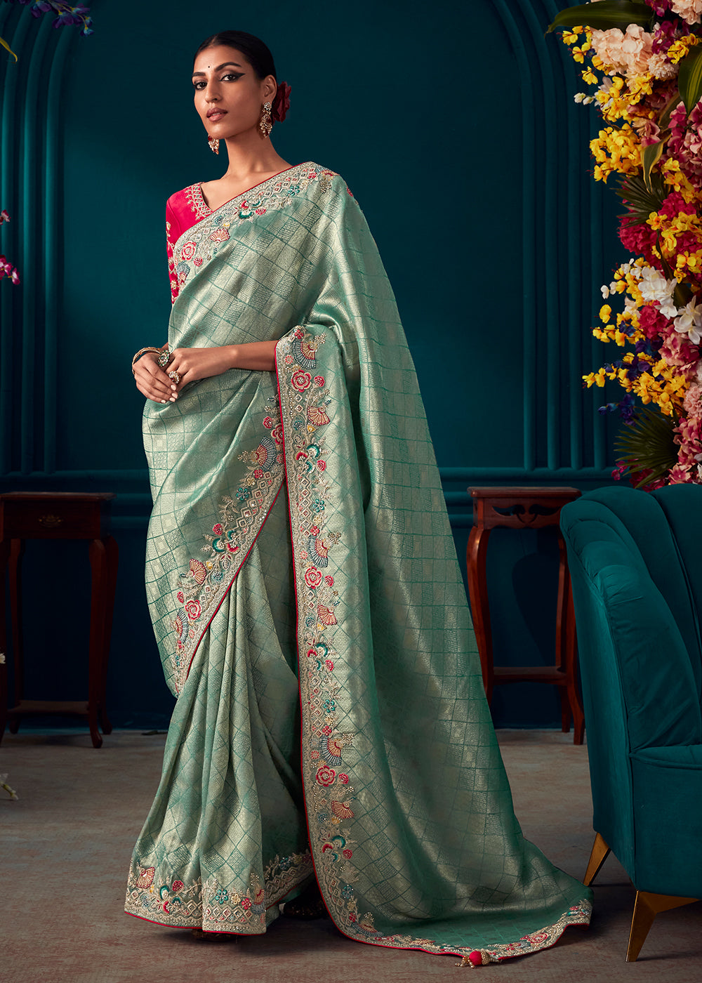 Shades Of Blue Woven Kanjivaram Silk Saree with Sequin,Stone,Khatli & Pearl work - qivii