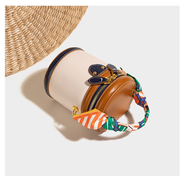 Women's Retro Color-Block Barrel Bag – Mini Cylinder Cosmetic Case with Detachable Silk Scarf & Chain Strap