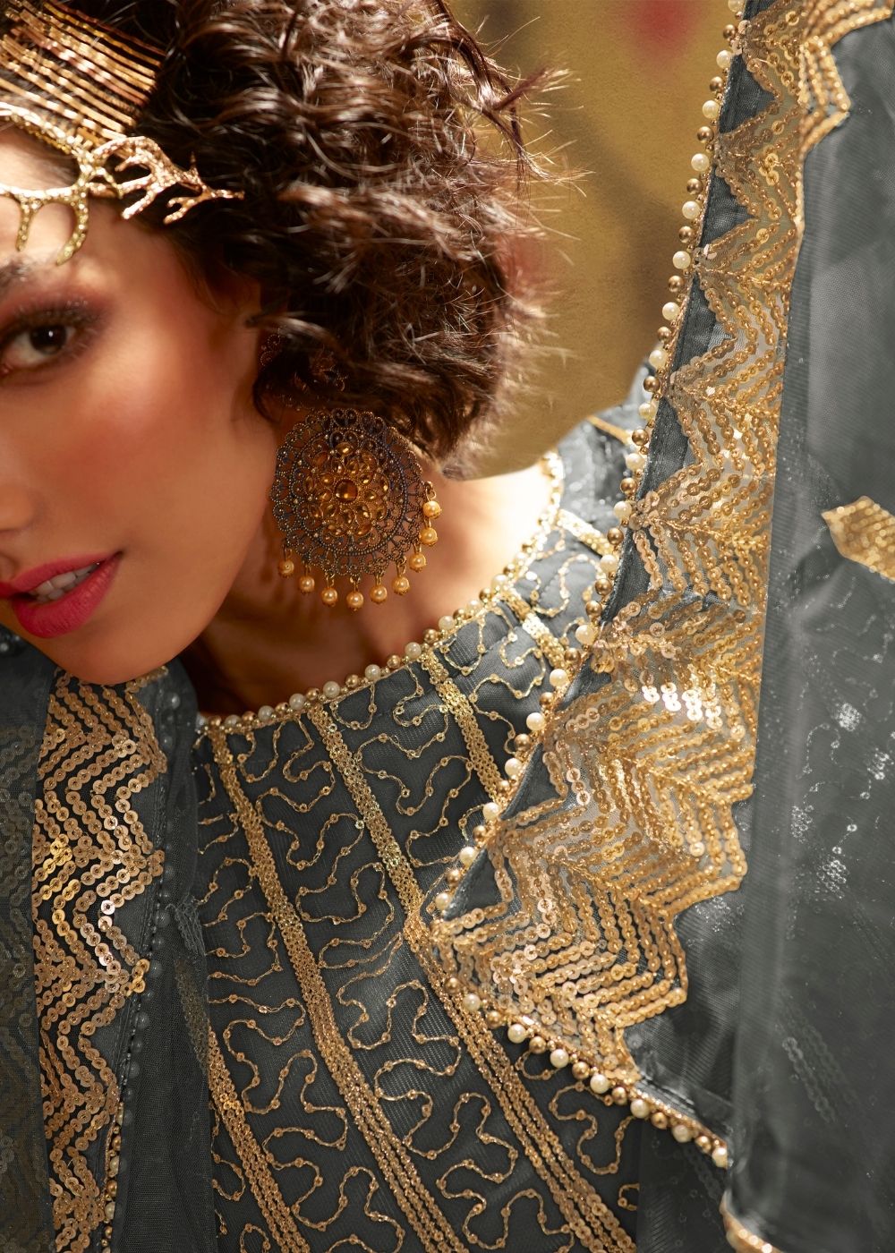 Anchor Grey Designer Soft Net Sharara Suit with overall Sequins work - qivii