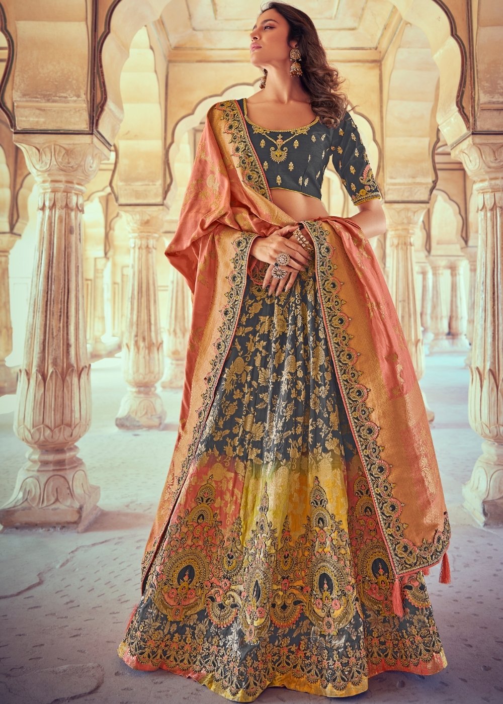 Anchor Grey & Pink Banarasi Silk Lehenga Choli with Khatli work Embroidery | Ready To Wear - qivii