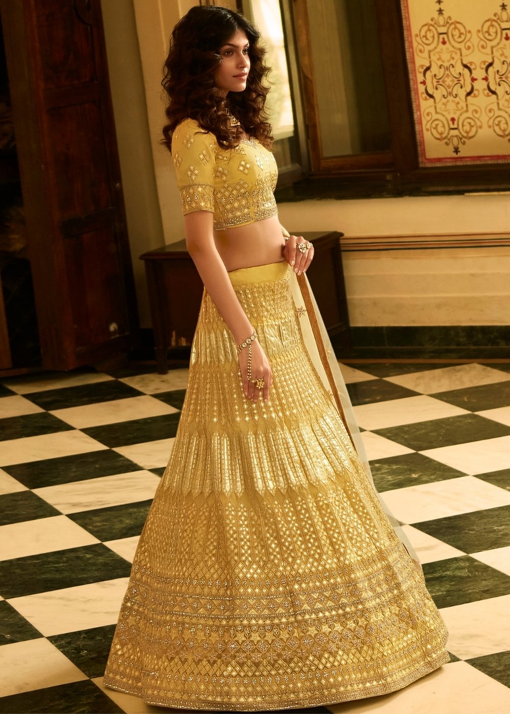 Royal Yellow Organza Lehenga Choli with Zari, Dori, Thread, Swarvoski & Zarkan work | Ready To Wear - qivii