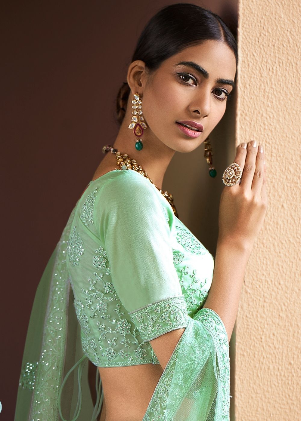 Parakeet Green Soft Net Lehenga Choli with Sequins & Dori work | Ready To Wear - qivii