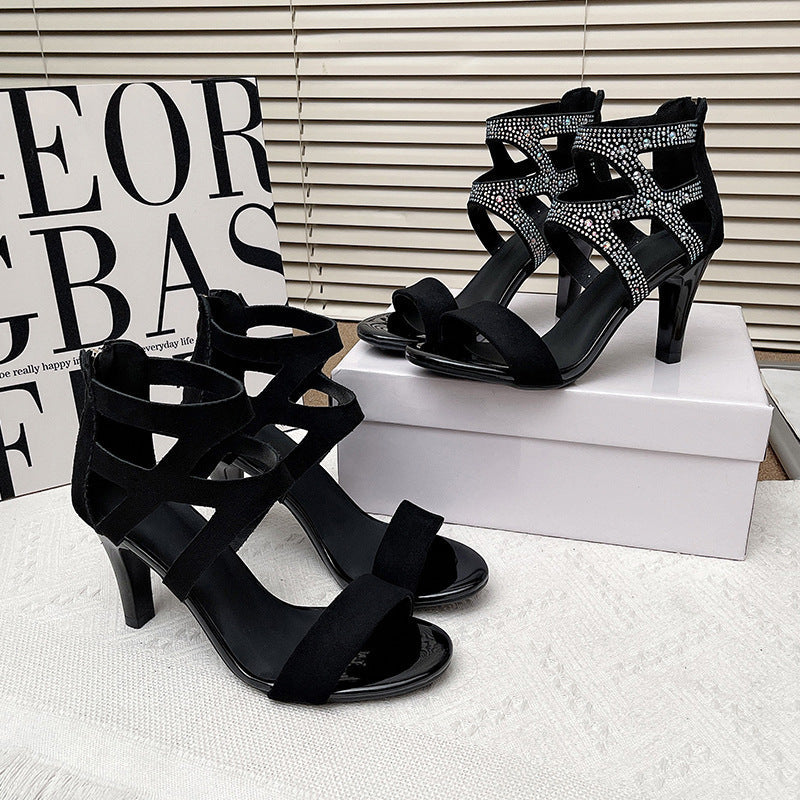 Women’s Aurora Rome Stiletto Heels – Zip Back Suede Open-Toe Sandals (US4–10.5)