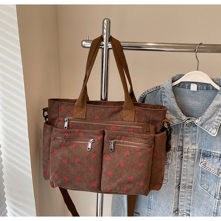 Women's Corduroy Cherry Print Tote Bag – Versatile Women's Strawberry Shoulder & Crossbody Large Capacity Mommy Bag