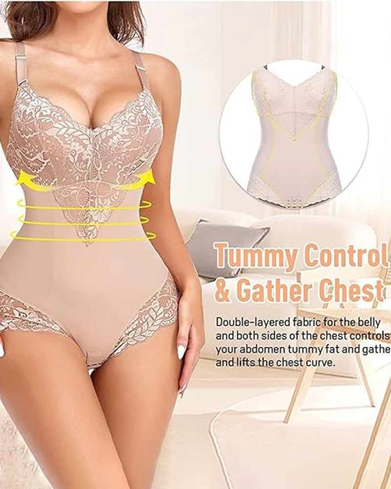 Lace V neck Tummy Control Sculpting Full Body Shapewear Bodysuit - By Qivii